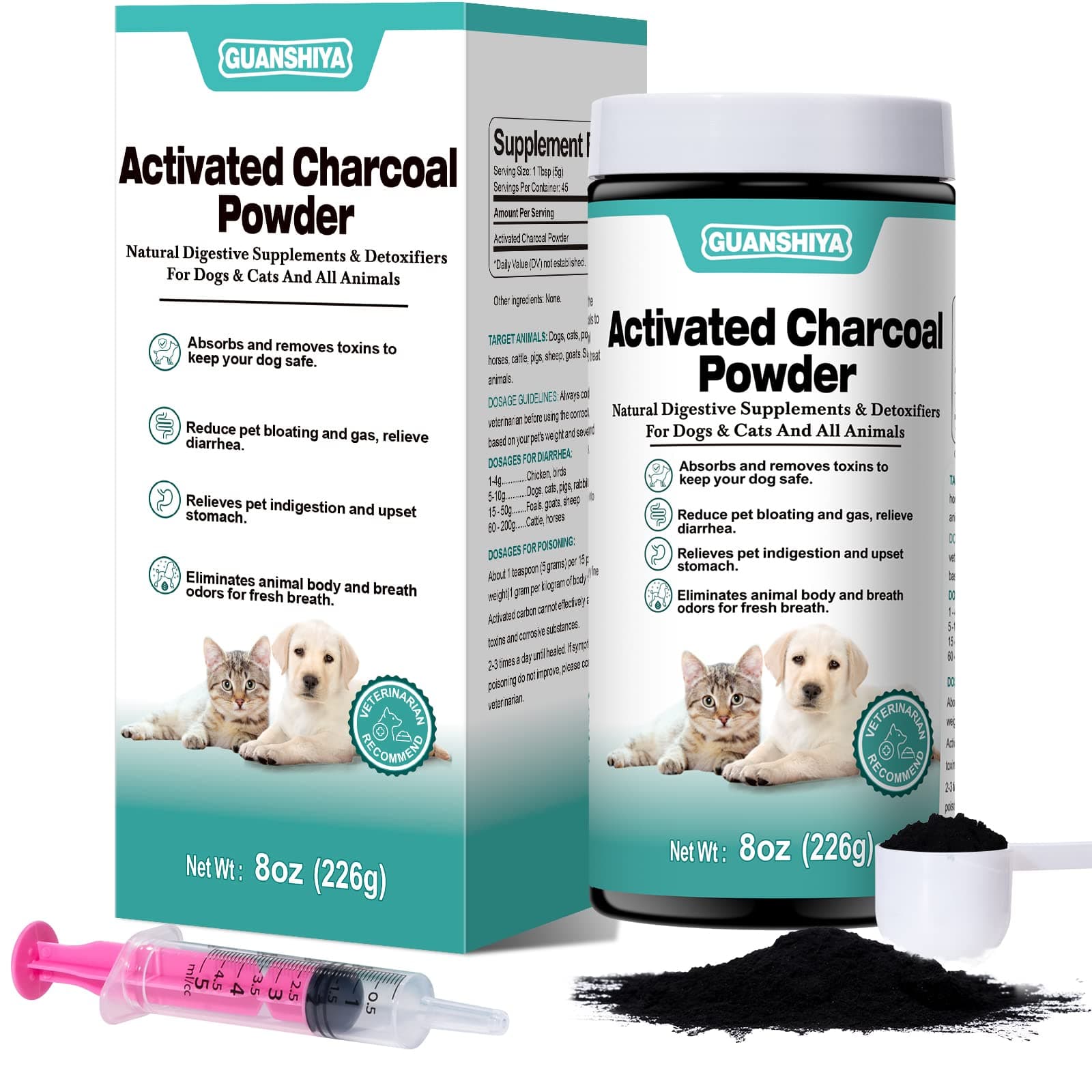 Activated Charcoal for Dogs, Cats, and All Pets, 8oz(Powder), Activated Charcoal Powder for Poisonings, Digestive Upset, and Diarrhea, Eliminates Odors, Non-GMO, Gluten Free