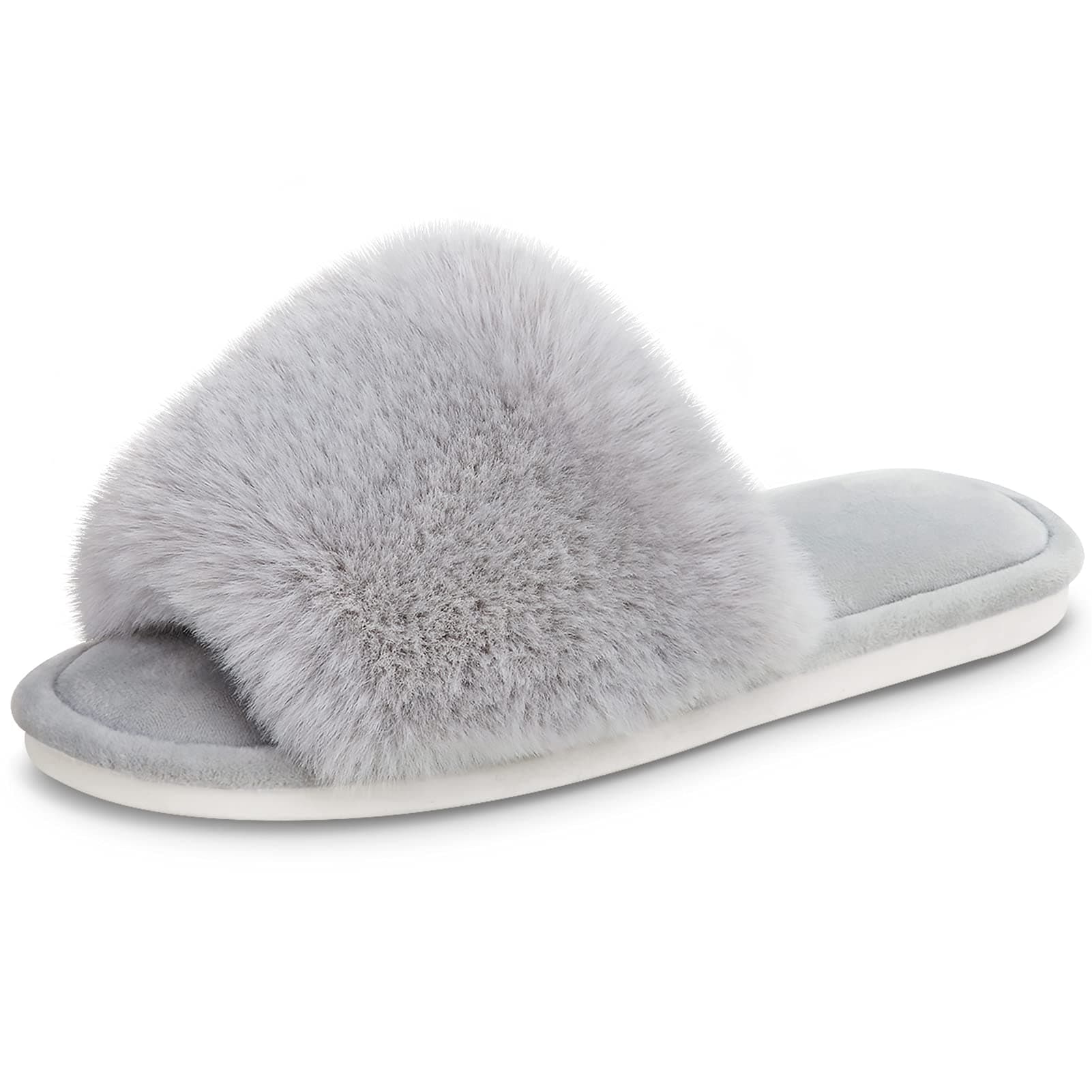 Women's Faux Fur Slippers Fuzzy Flat Spa Fluffy Open Toe House Shoes Indoor Outdoor Slip on Memory Foam Slide Sandals