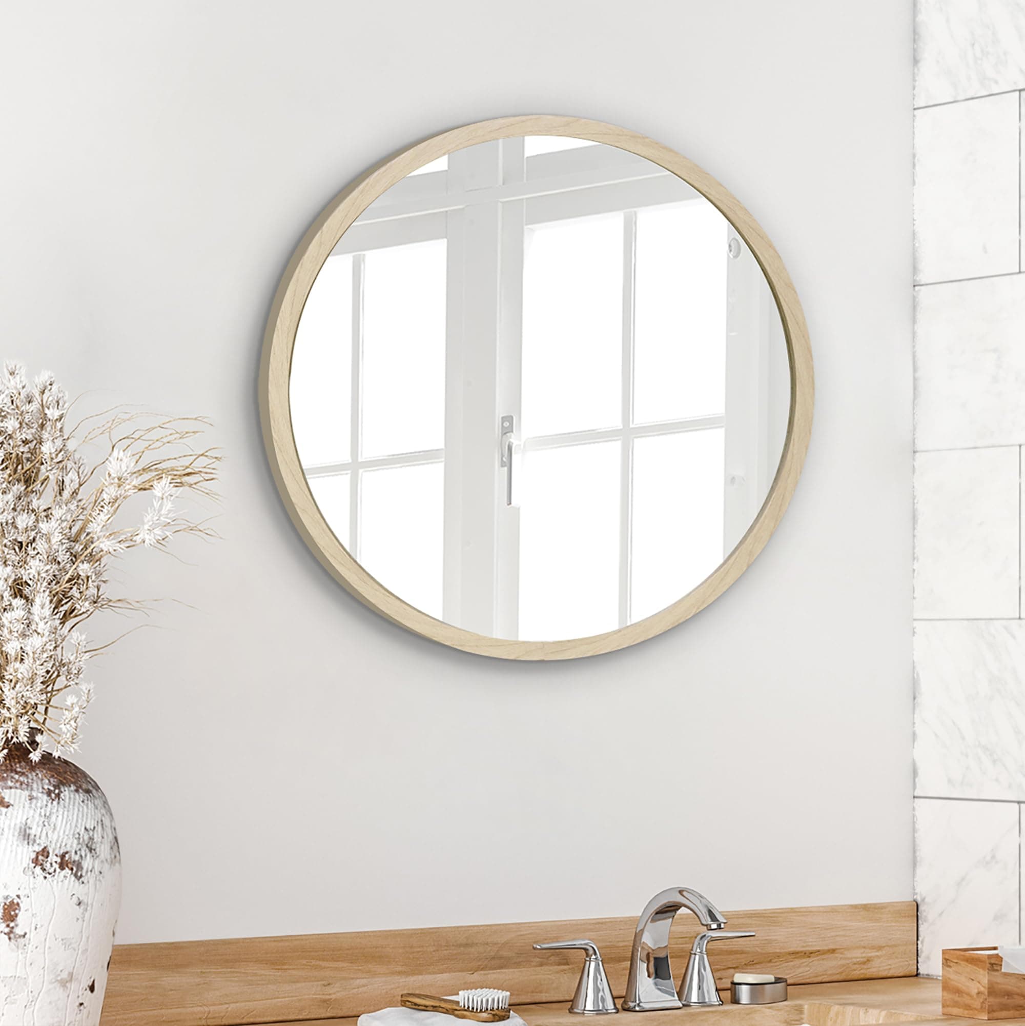 Americanflat 51 cm Dark Oak Framed Round Mirror for Wall - Circle Mirror for Bedroom, Entryway, Bathroom, and Living Room Wall Decor - Wall Mirror with Hanging Hardware Included