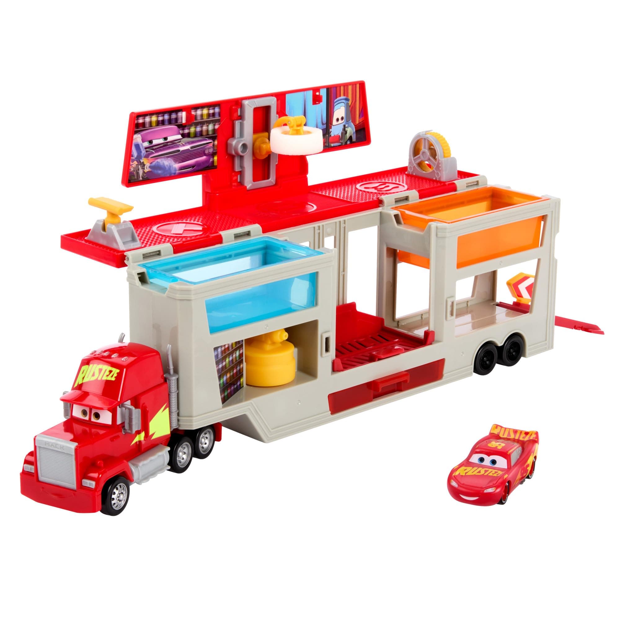 Mattel Disney and Pixar Cars Transforming Truck & Toy Car Playset, Color Changers Paint Shop Mack with Detachable Cab, Color Change Lightning McQueen & Accessories