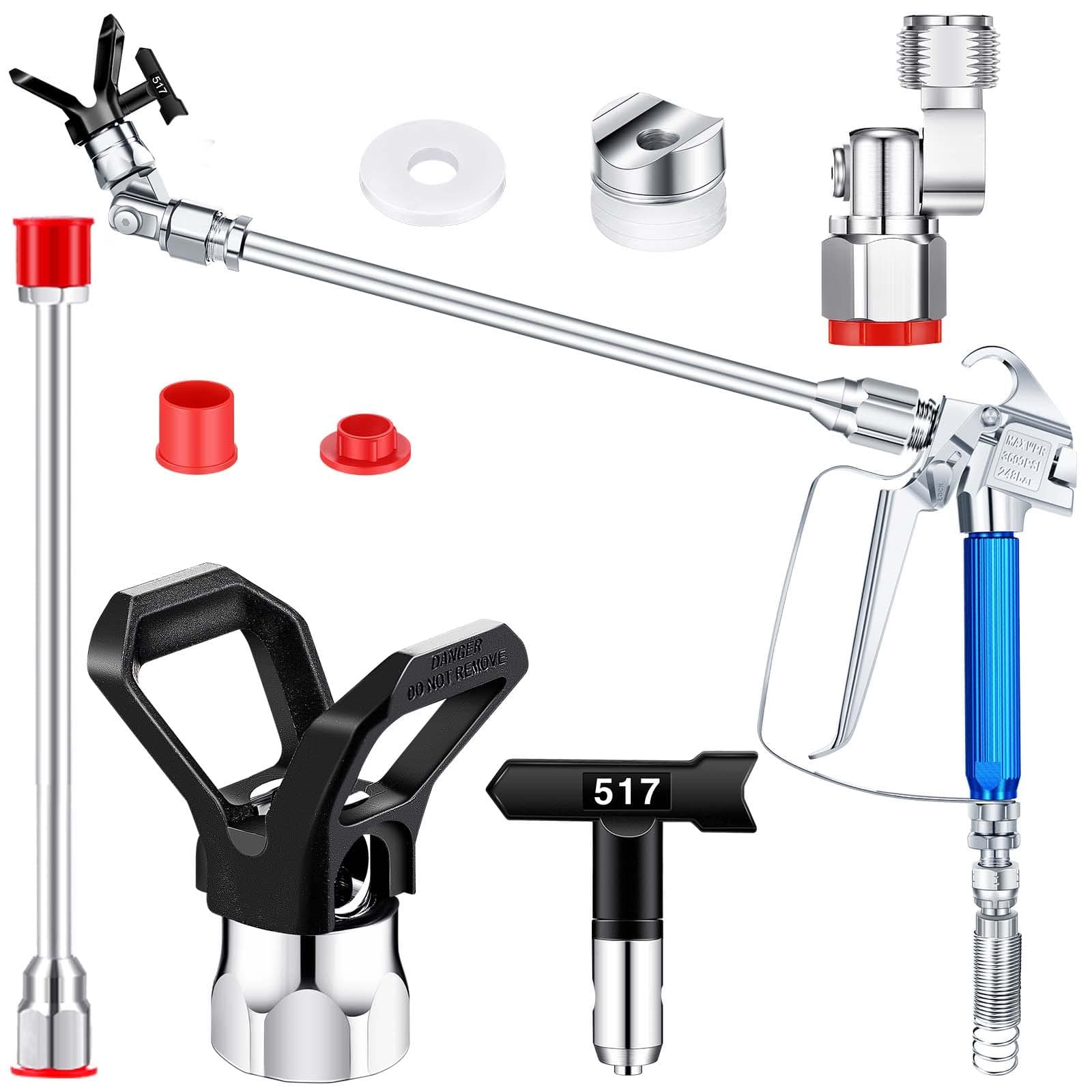 5 Pcs Airless Sprayer Gun Hose Kit Airless Paint Spray Gun High Pressure 3600 Psi 517 Tip Swivel Joint with Nozzle Guard Tips and 10 Inch Extension Rod for Machine Paint
