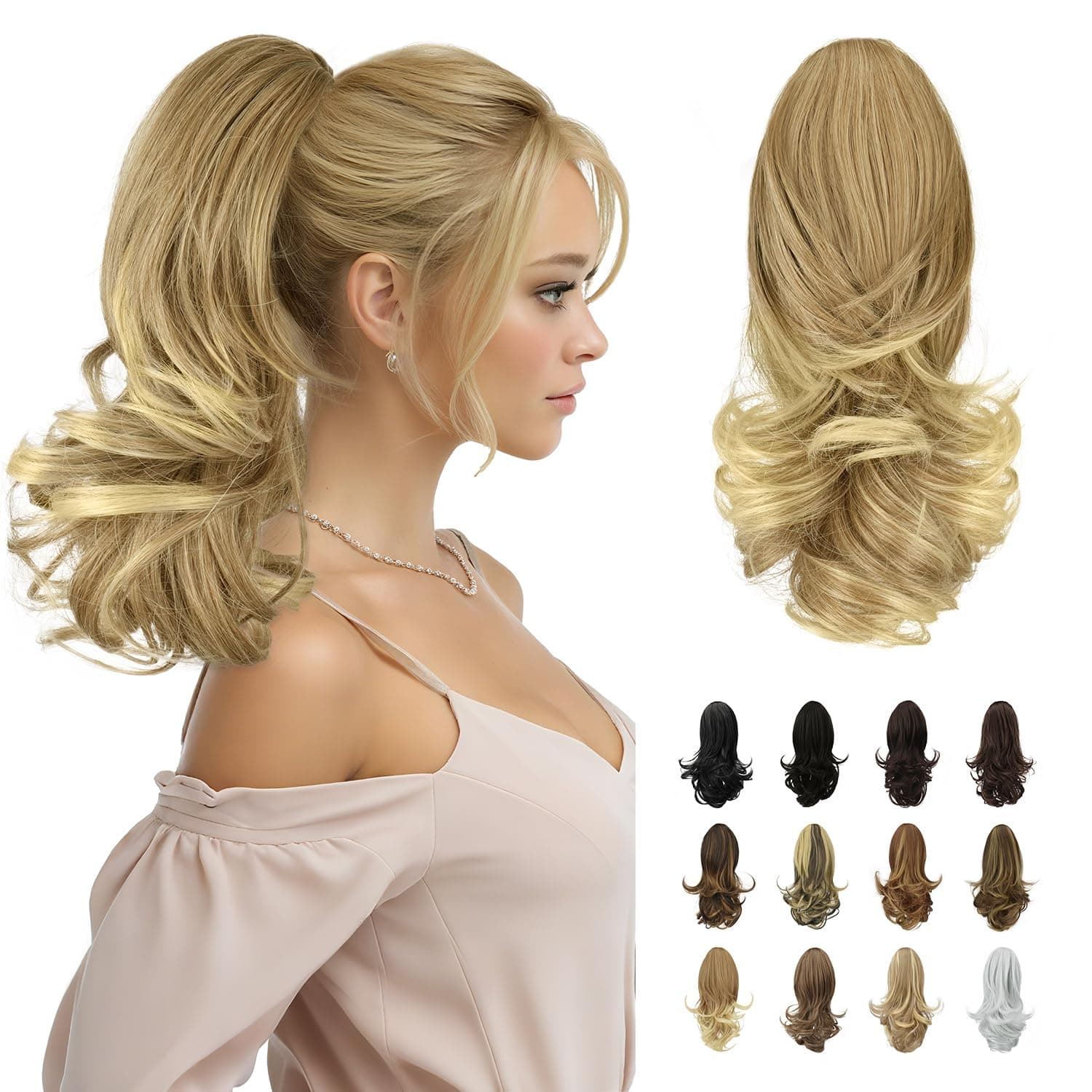SOFEIYAN 13" Ponytail Extension Long Curly Ponytail Clip in Claw Hair Extension Natural Looking Synthetic Hairpiece for Women, Dark Blonde to Bleach Blonde