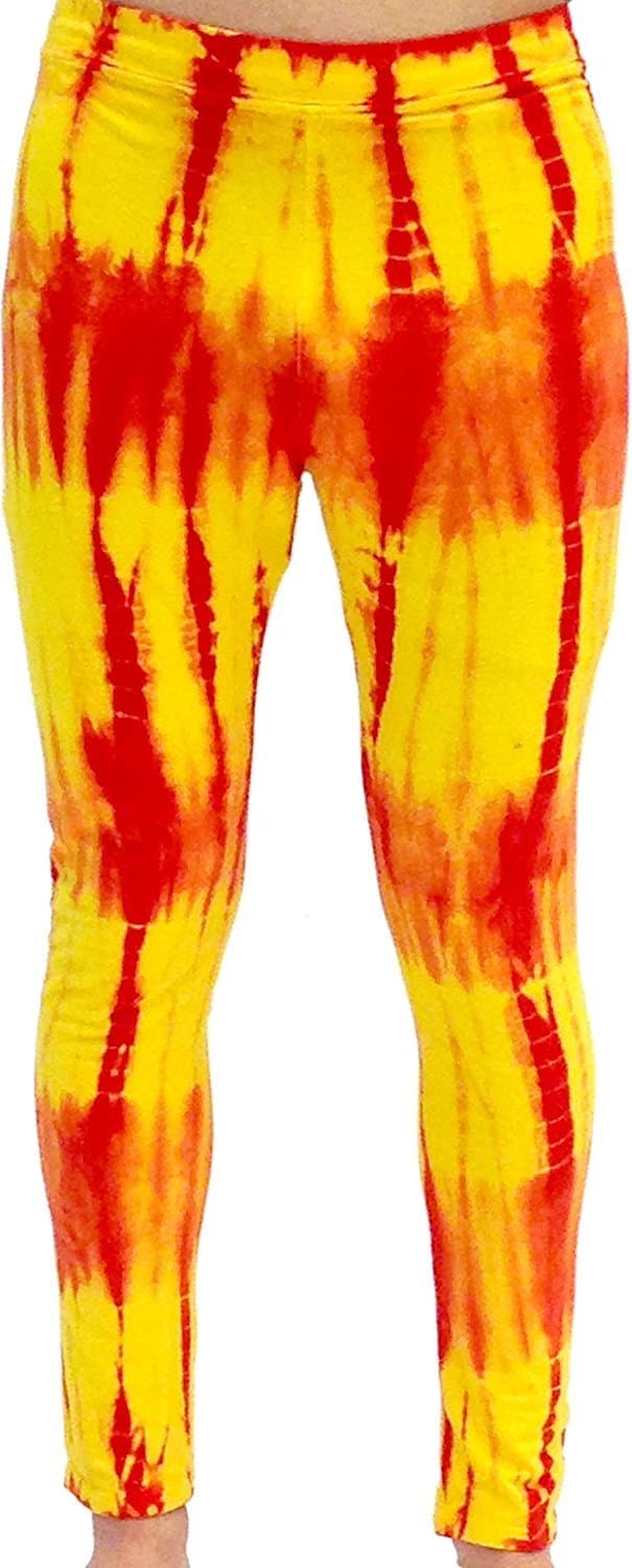 Red and Yellow Tie-Dye Wrestling Legging Tights Pants (Adult Small)