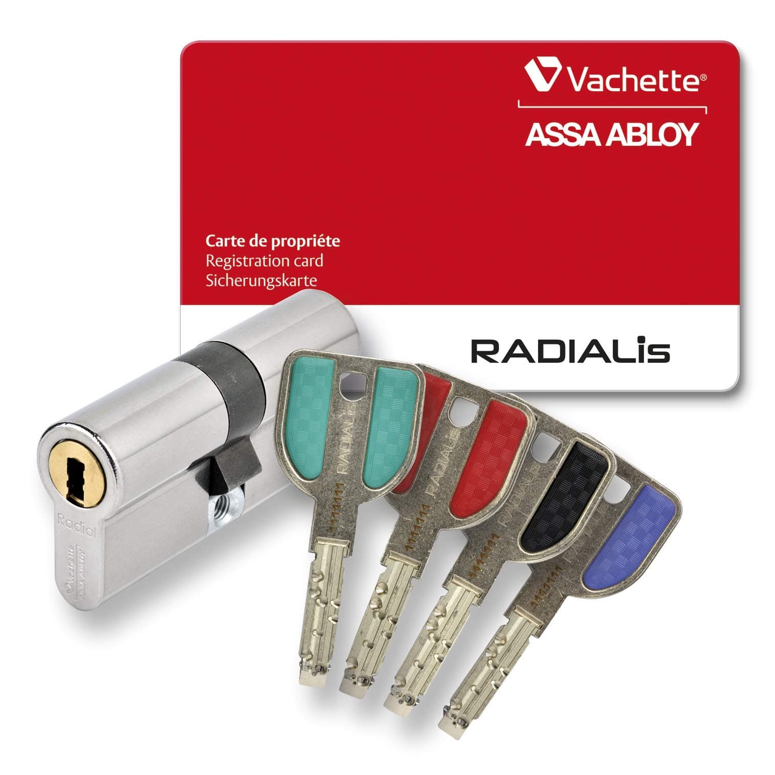 High-Security Profile Cylinder Nickel-Plated with 4 Lockable Keys and Property Card, Radialis