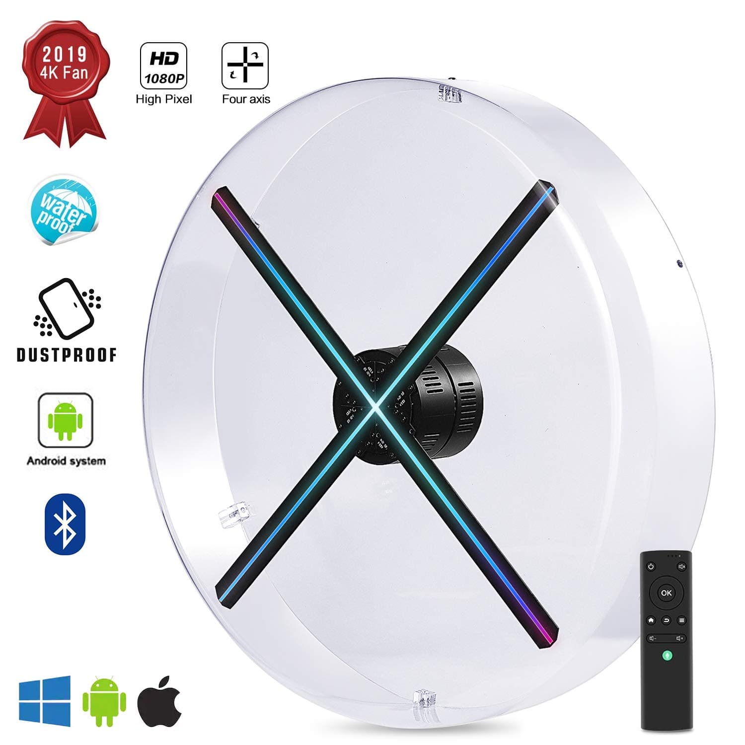 2019 Premium 3D Hologram Fan, Four-Axil Design Hologram Projector, Android Smart Operating System, Holographic Advertising Fan Upload by APP /TF Card/Cloud Serve, Support WiFi+Bluetooth (with cover)