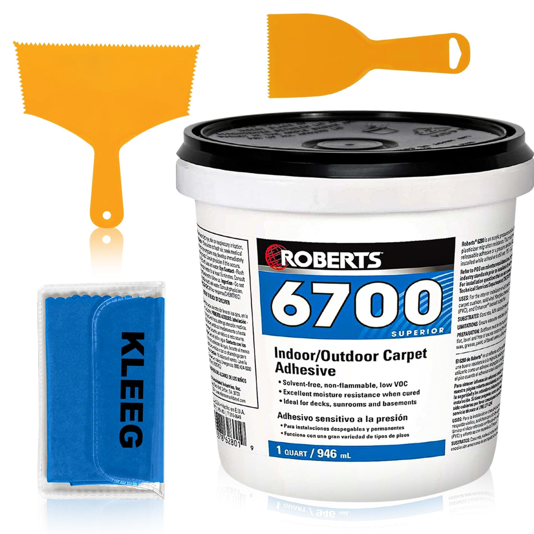 Carpet Glue Carpet Adhesive Kit - Roberts 6700 - Indoor Outdoor Rug Artificial Turf Adhesive - Deck, Sunroom, Basement, Boat, Marine + 8 and 3 inch Notched Carpet Glue Adhesive Spreader + Kleeg Packet