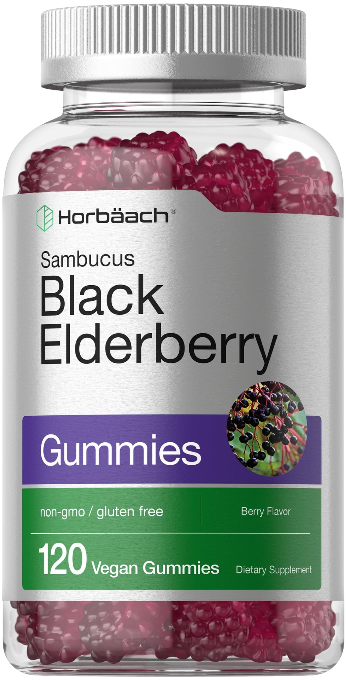 Horbaach Black Elderberry Gummies | 120 Count | Sambucus Extract | with Zinc and Vitamin C | Berry Flavor | Vegan, Non-GMO, and Gluten Free Supplement for Adults