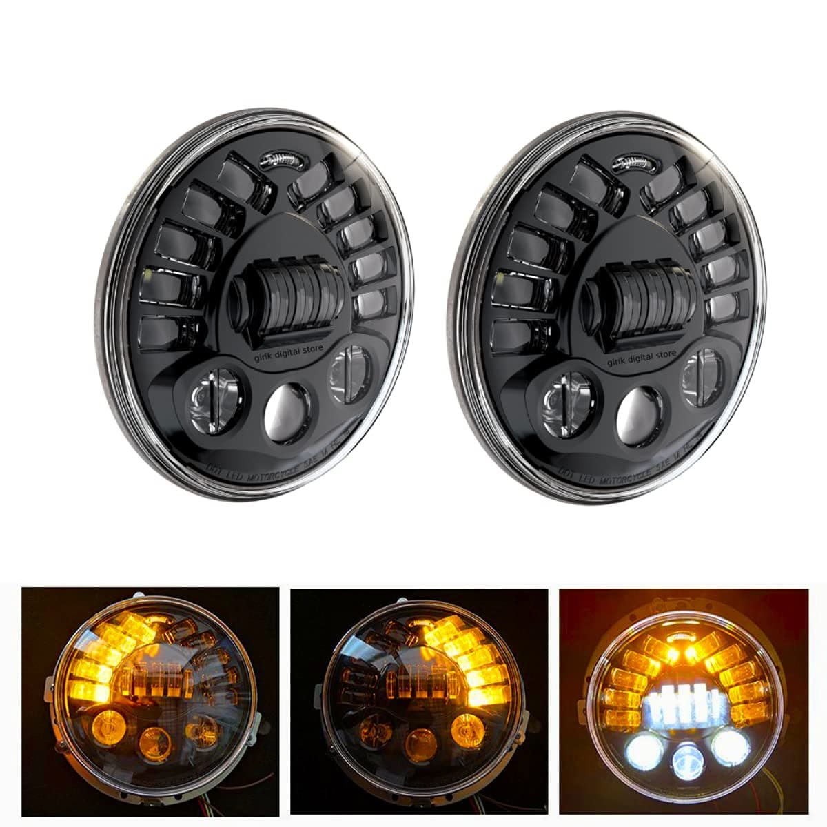 7 Inch Teeth LED Round Headlight with Turn Signal Indicator & Hi/Low Beam for Mahindra Thar (70W, 2 Pcs)