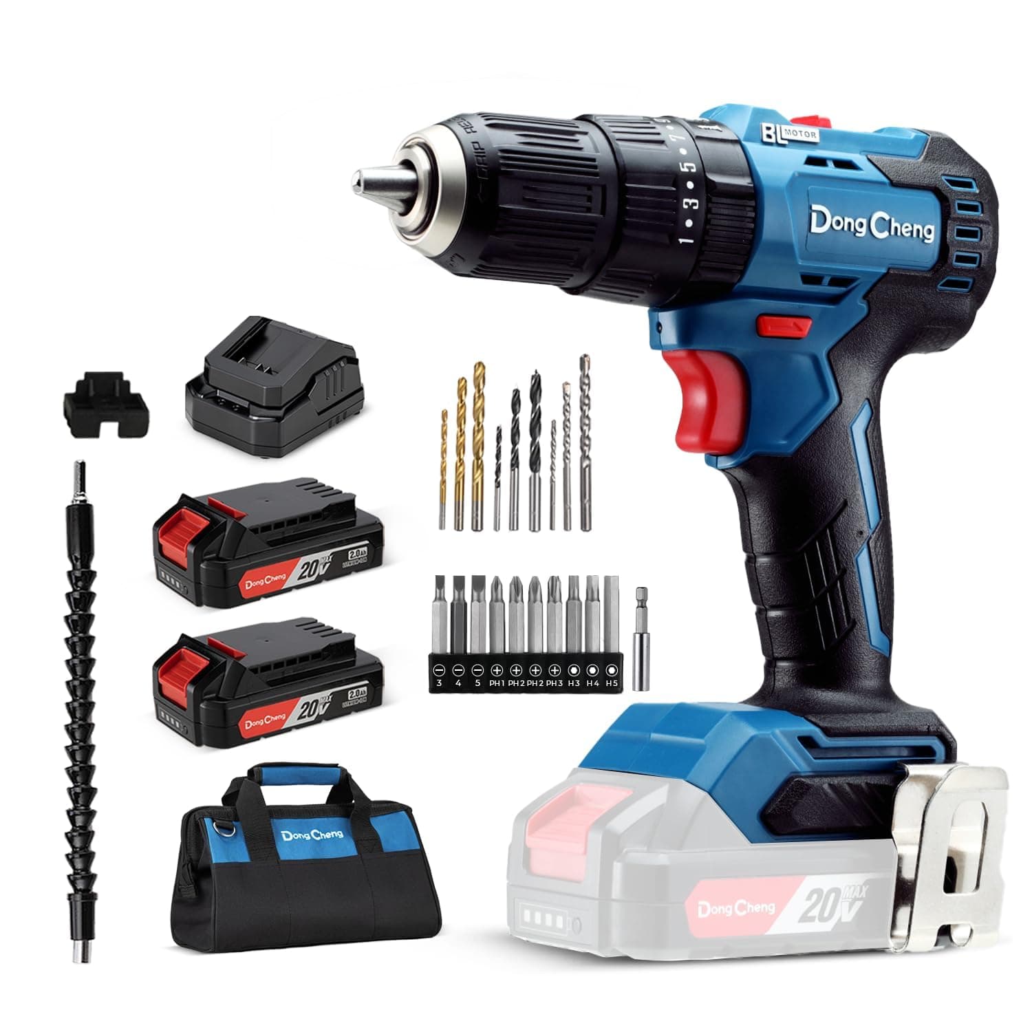 Dong Cheng 20V MAX Brushless Hammer Drill Cordless, 1/2'' 20+1+1 Compact Impact Drill Kit with 2 * 2.0Ah Battery and Charger, 19pcs Drill Bits and Carry Bag