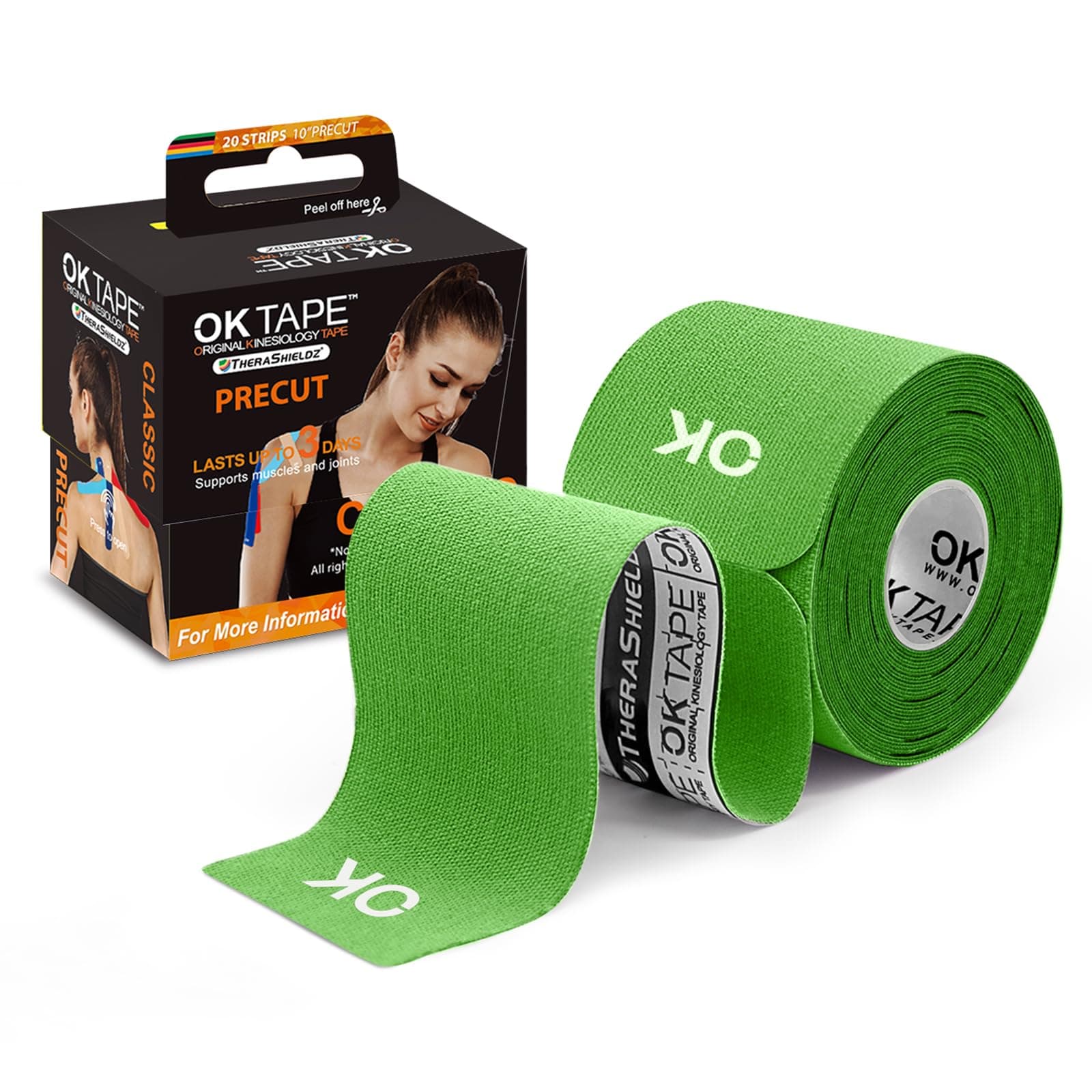 Kinesiology Tape 10 inches Precut, 20 Strips, Cotton Elastic Athletic Tape Latex Free, 2in x 16ft, Green