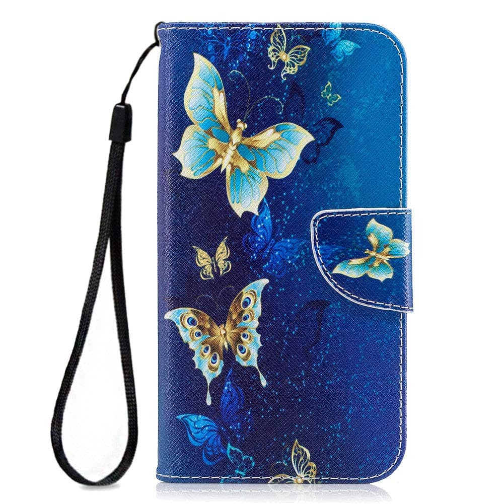 Samsung J7 Wallet Case - Women's Leather Flip Cover with Card Slot for Galaxy J7 Prime/2017/Sky Pro - Blue Butterfly