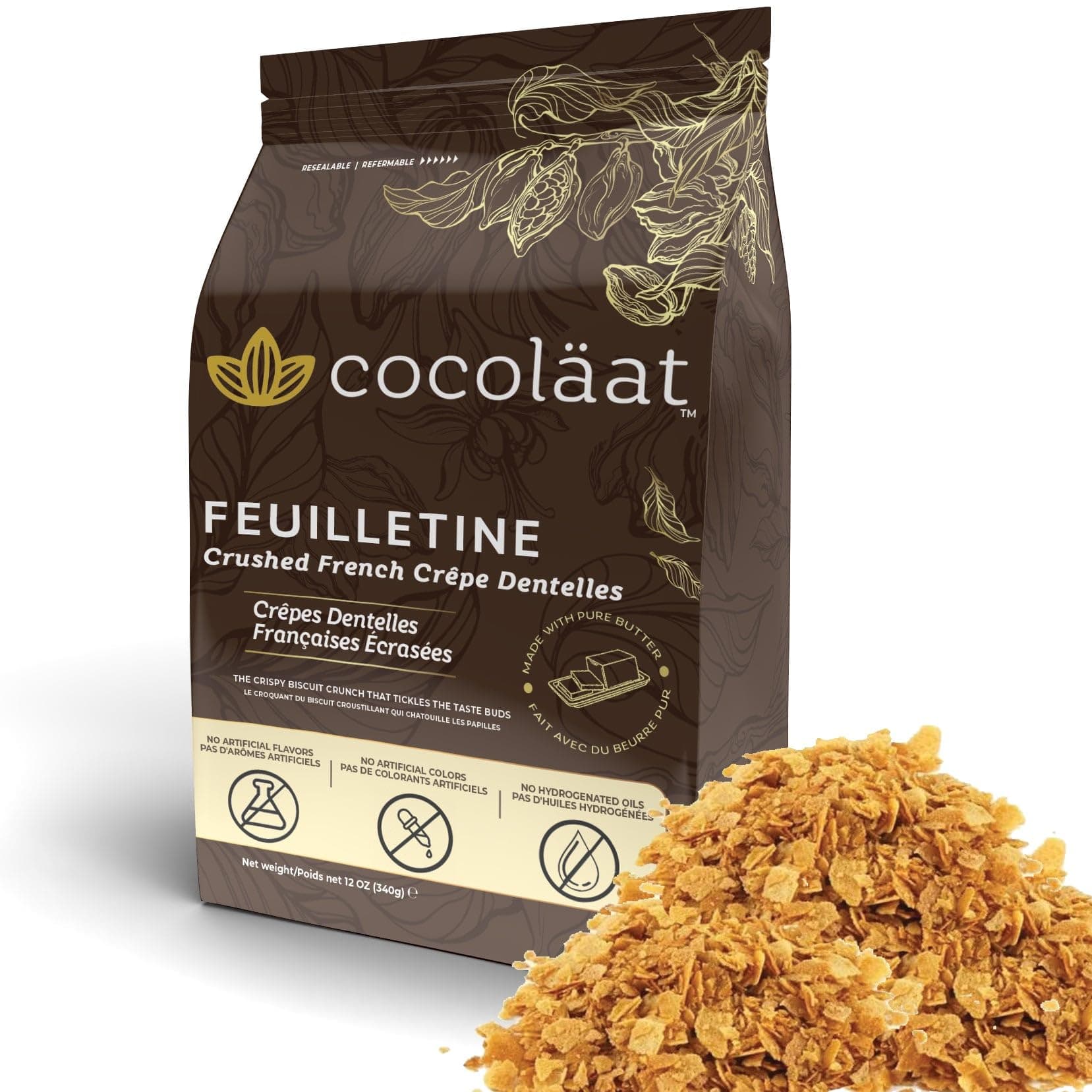 Cocoläat Feuilletine Crushed French Crêpe Dentelles | Crumbled Biscuit Crunch | Made With Real Butter | Imported from France | Resealable Stand Up Pouch | 12 oz/340 g