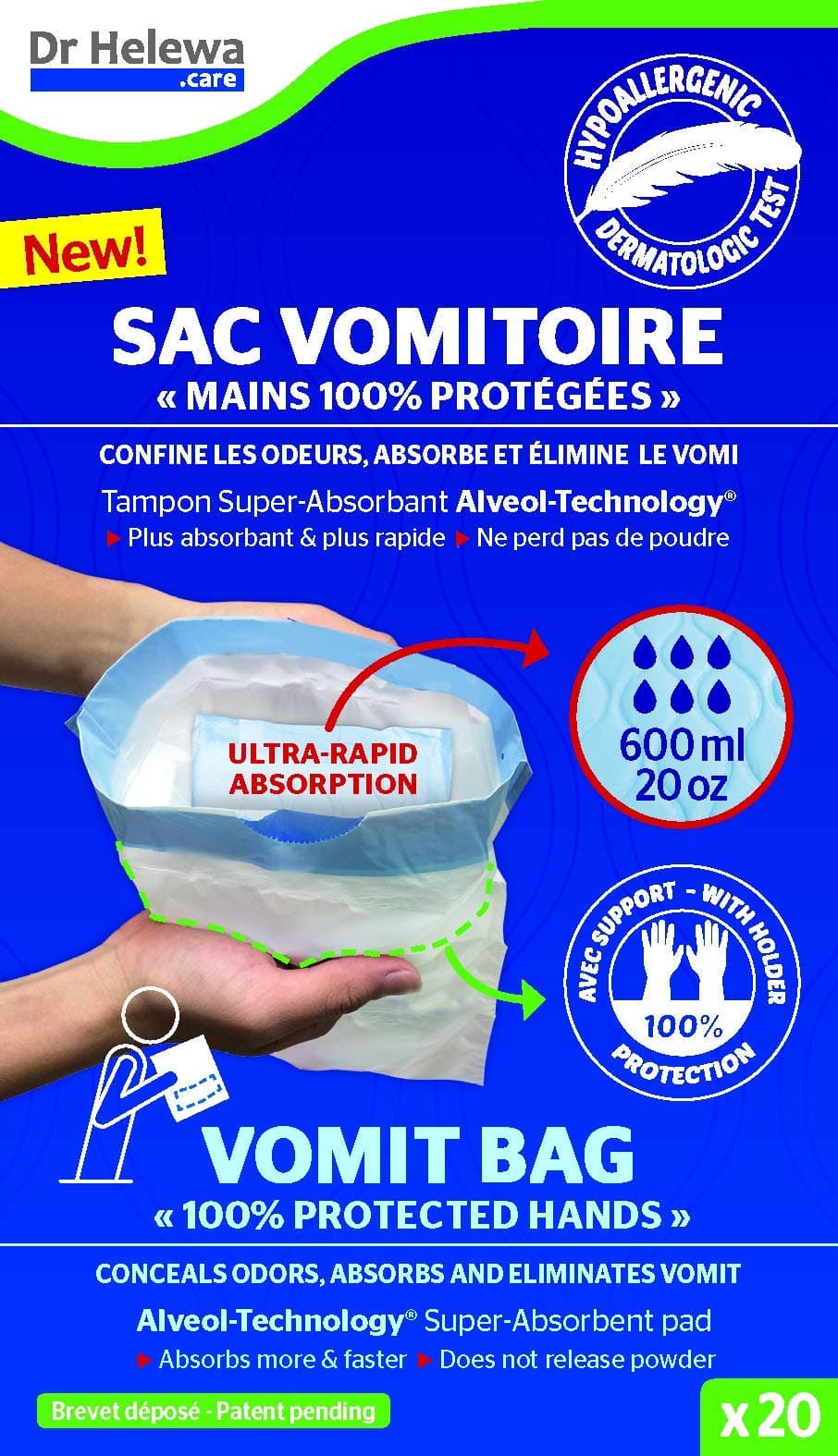 Care Vomit Bag with Super Absorbent Pad and Holder, 600 ml, Pack of 20