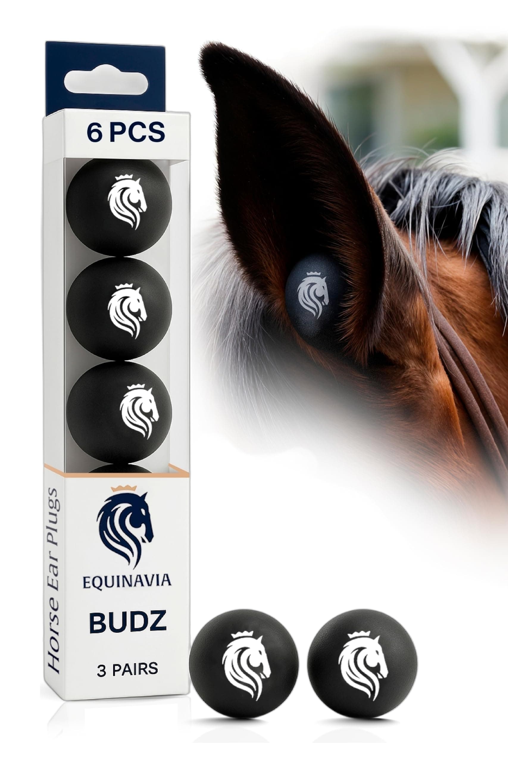 Equinavia BudZ Horse Ear Plugs (6 Count) | Equestrian Noise Reduction Soft Foam Balls - Black - Horse