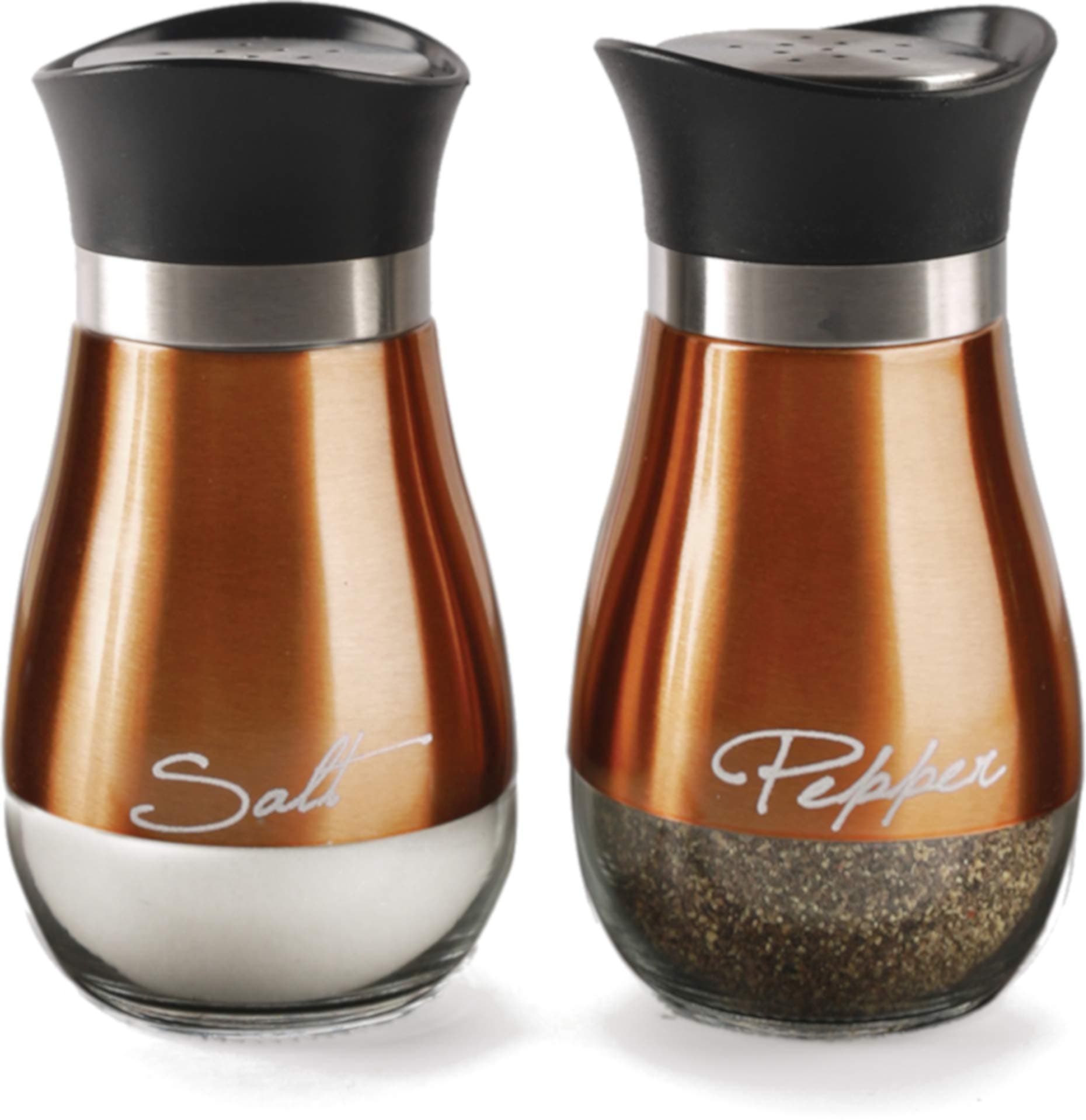 Cafe Contempo Elegant Glass Salt and Pepper Shakers Dispenser, Clear Bottom Jar Bottle Container with Stainless Steel Top, Perfect for Himalayan Seasoning Herbs Spices, 4.4 oz, Copper