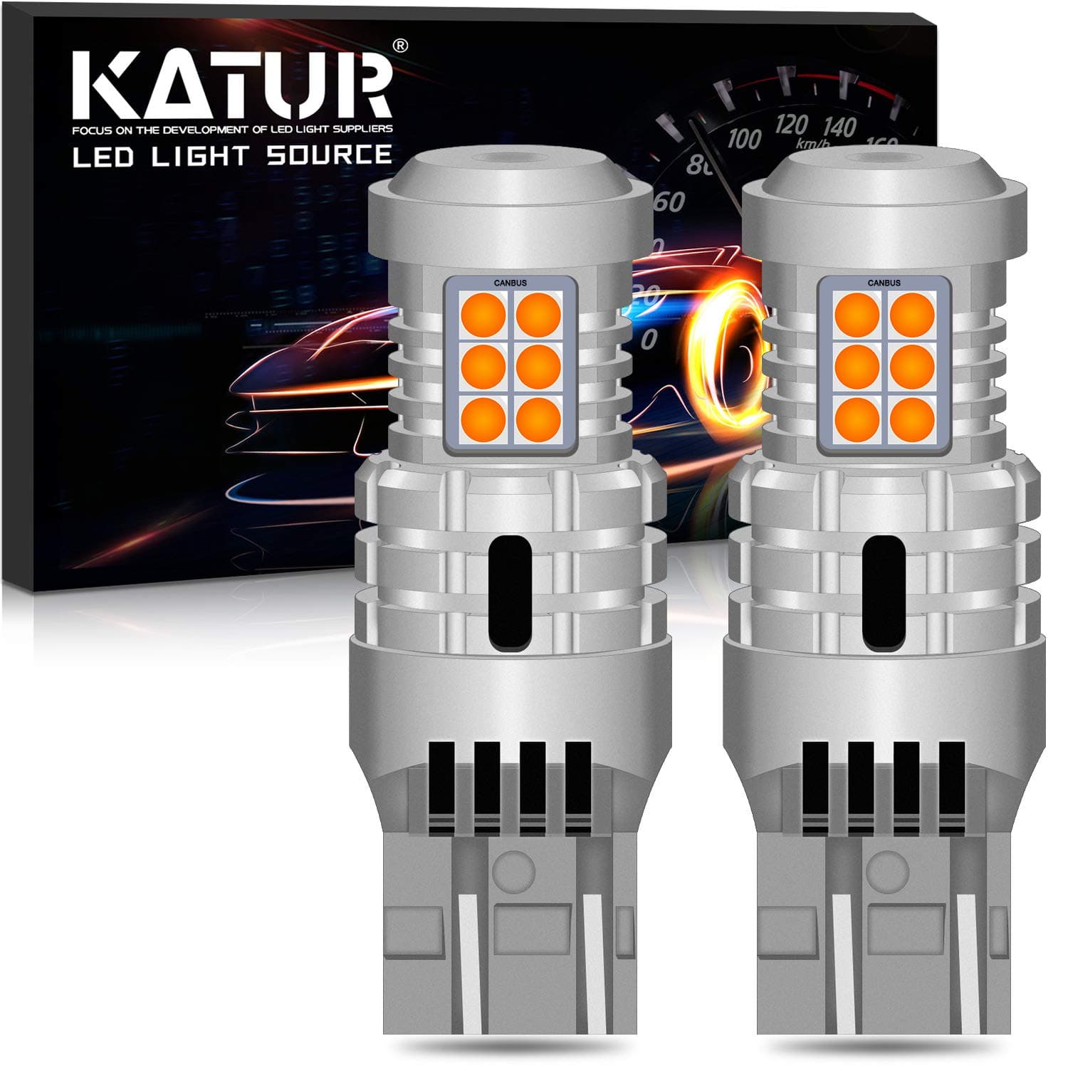 KATUR 7443 T20 992 W21/5W LED Bulbs Super Bright 12pcs 3030 & 8pcs 3020 Chips Canbus Error Free Replace for Turn Signal Reverse Brake Tail Stop Parking RV Lights,Amber Yellow(Pack of 2)