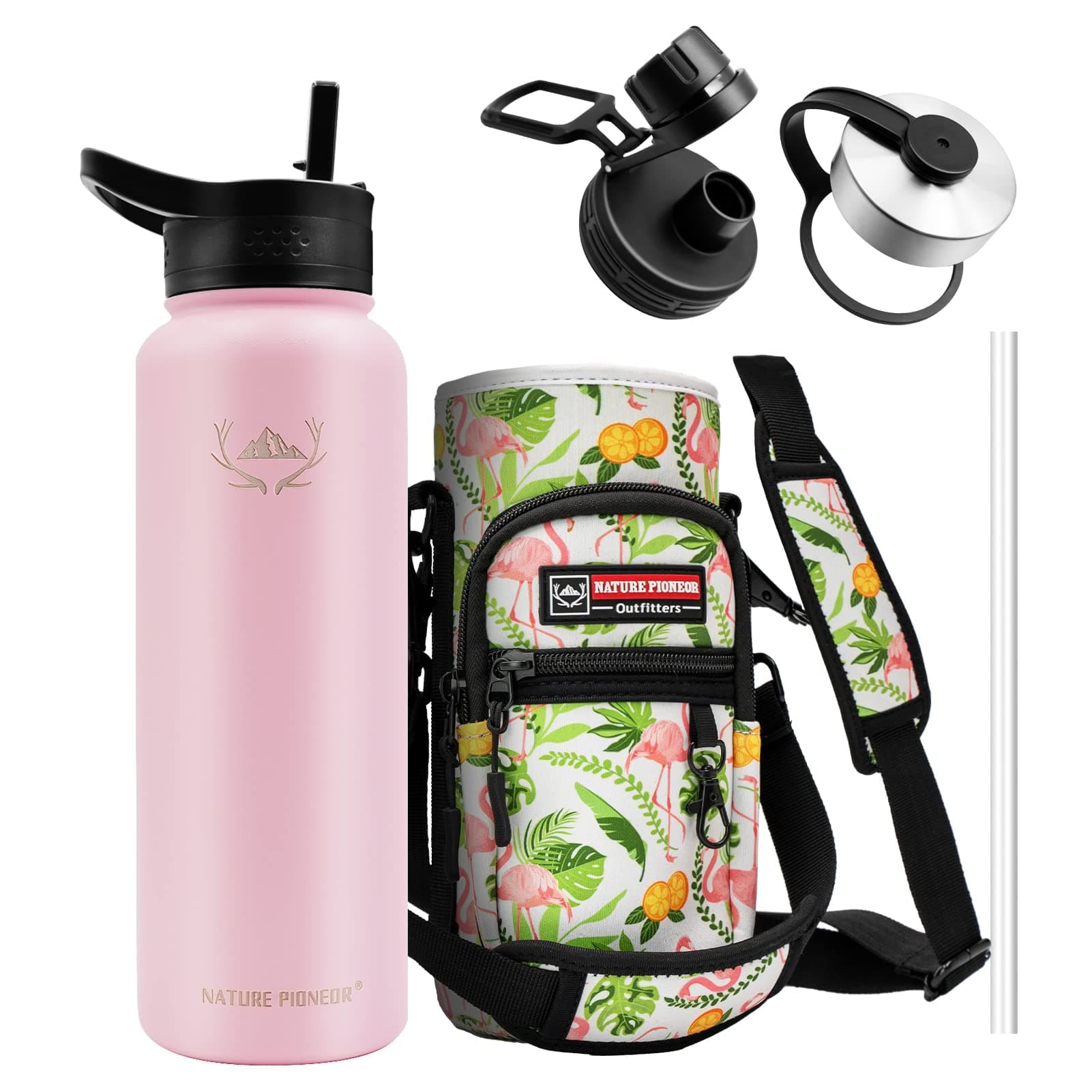 NATURE PIONEOR Insulated Water Bottles with Carrying Holder - 40 OZ Reusable 18/8 Food Grade Stainless Steel Vacuum Water Jug with Straw and 3 Lids for Kids Adults