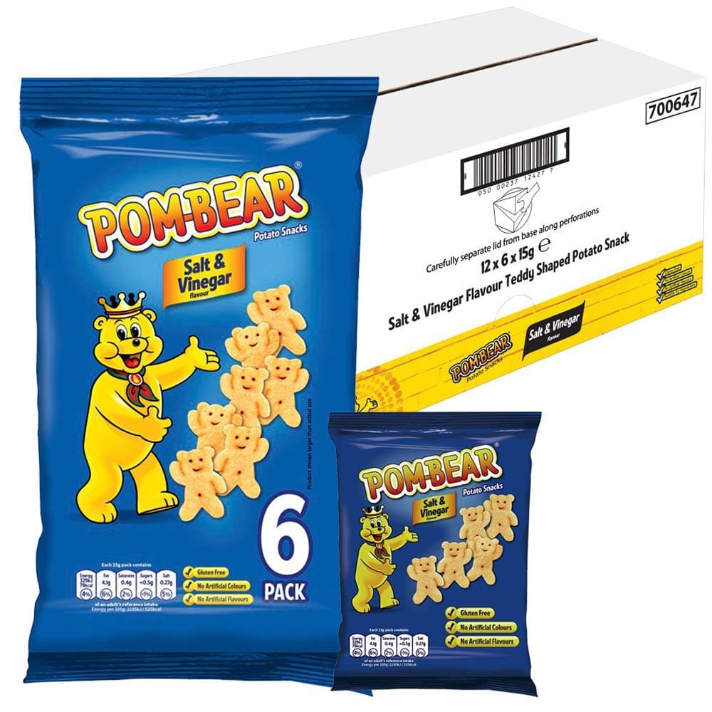 Pom-Bear Multipack Crisps, Flavoured Bear Shaped Potato Crisp Snacks Bundle, 12 x 6 x 15g – Salt & Vinegar