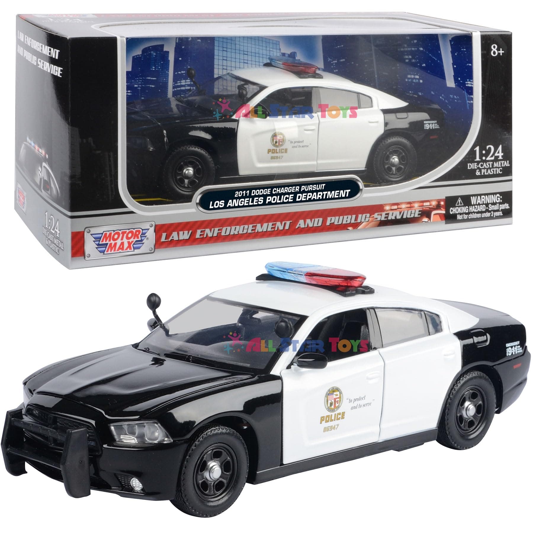 Motormax 2011 Dodge Charger Police Pursuit LAPD Los Angeles Police Department 1/24 Diecast Model 76947 by All Star Toys