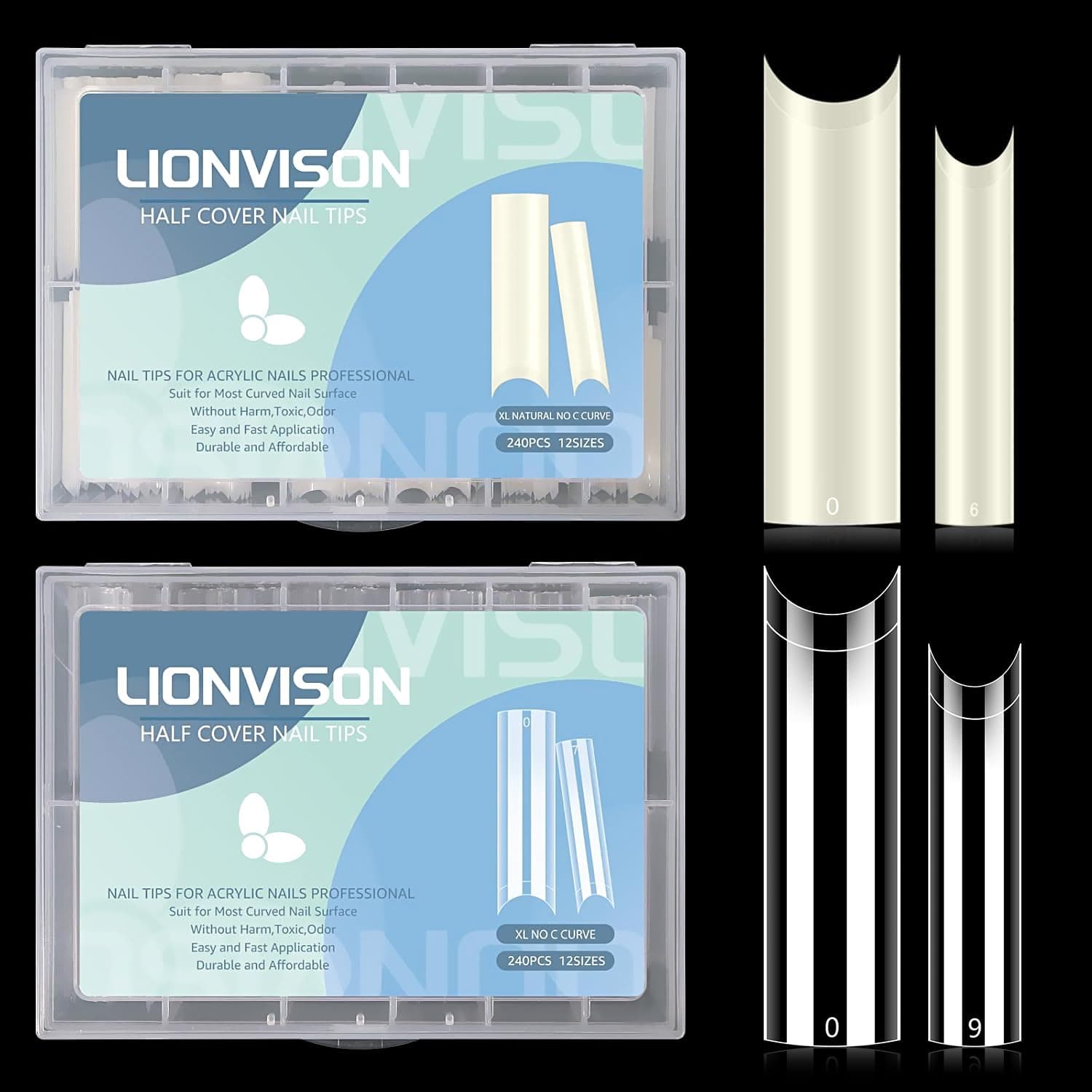 480PCS Extra Long NO C Curve Nail Tips XL, 2 Packs Natural and Clear Nail Tips for Acrylic Nails Professional Set, 12 Sizes Straight Tapered Square Press on False Nail Tips for Nail Art Salon Home DIY