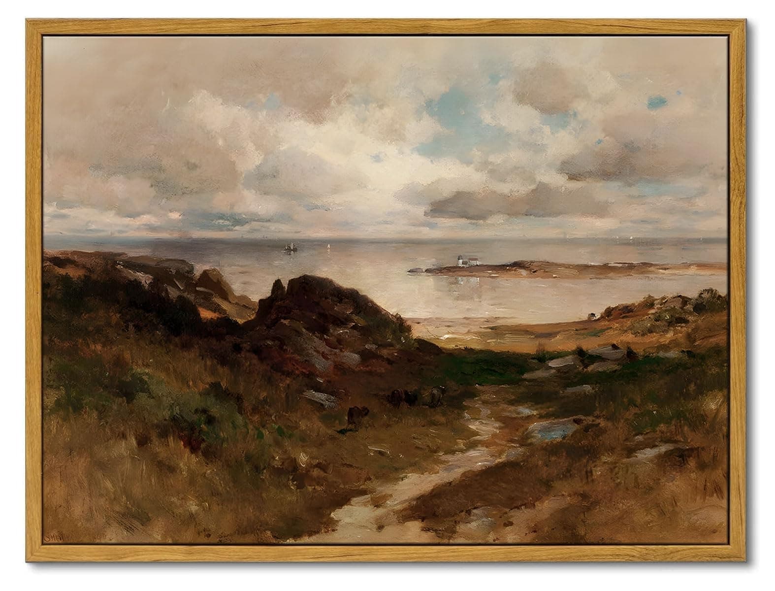 OIQArtOIQ Framed Vintage Landscape Wall Art Coast Natural Scenery Oil Painting Canvas Prints Country Farmhouse Aesthetic Decor Pictures for Kitchen Bedroom Living Room Bathroom