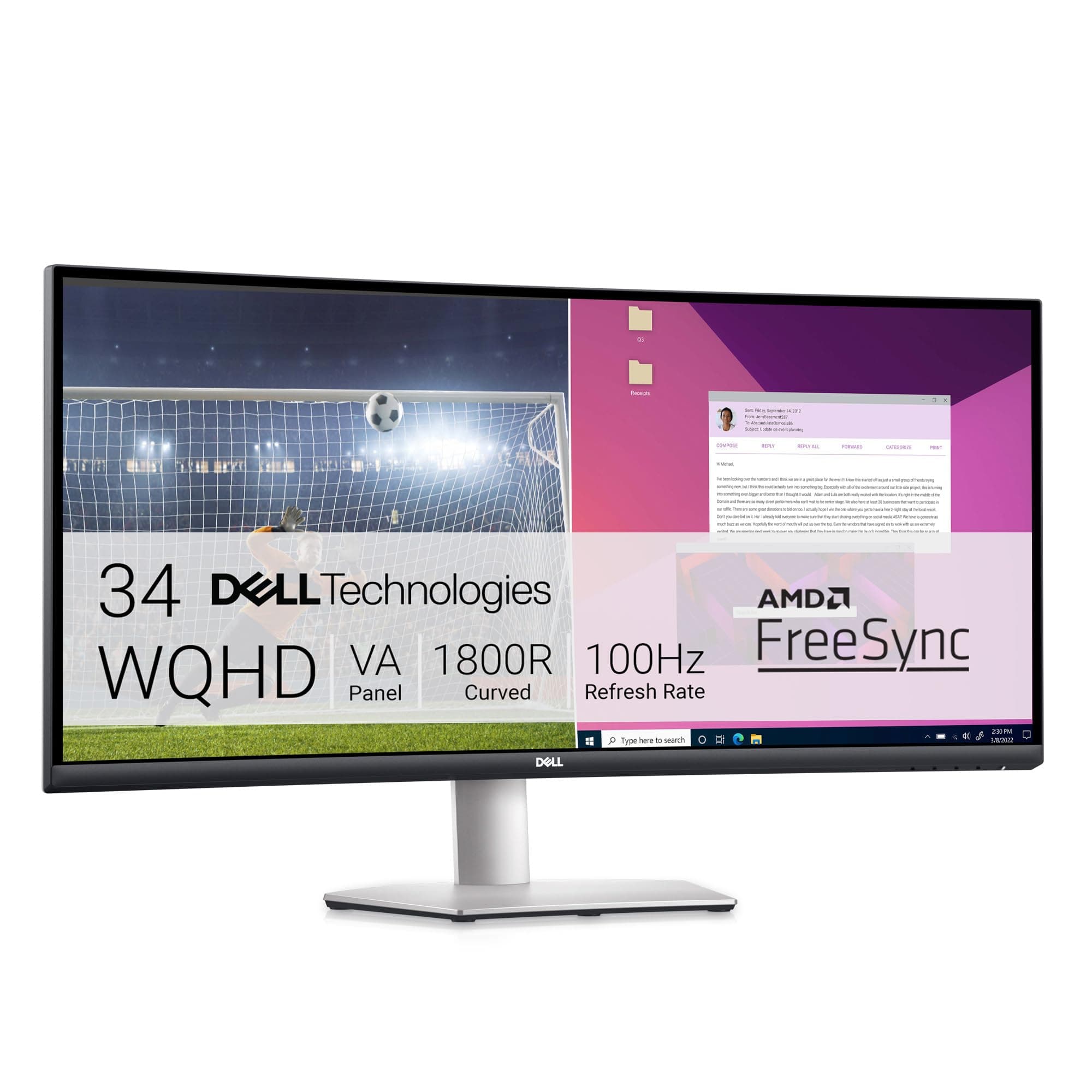 Dell S3423DWC Curved USB-C Monitor - 34-Inch WQHD (3440x1440) 100Hz 4Ms 21:9 Display, USB-C Connectivity, 2 x 5w Audio Output, 16.7 Million Colors, Height/Tilt Adjustable - Silver