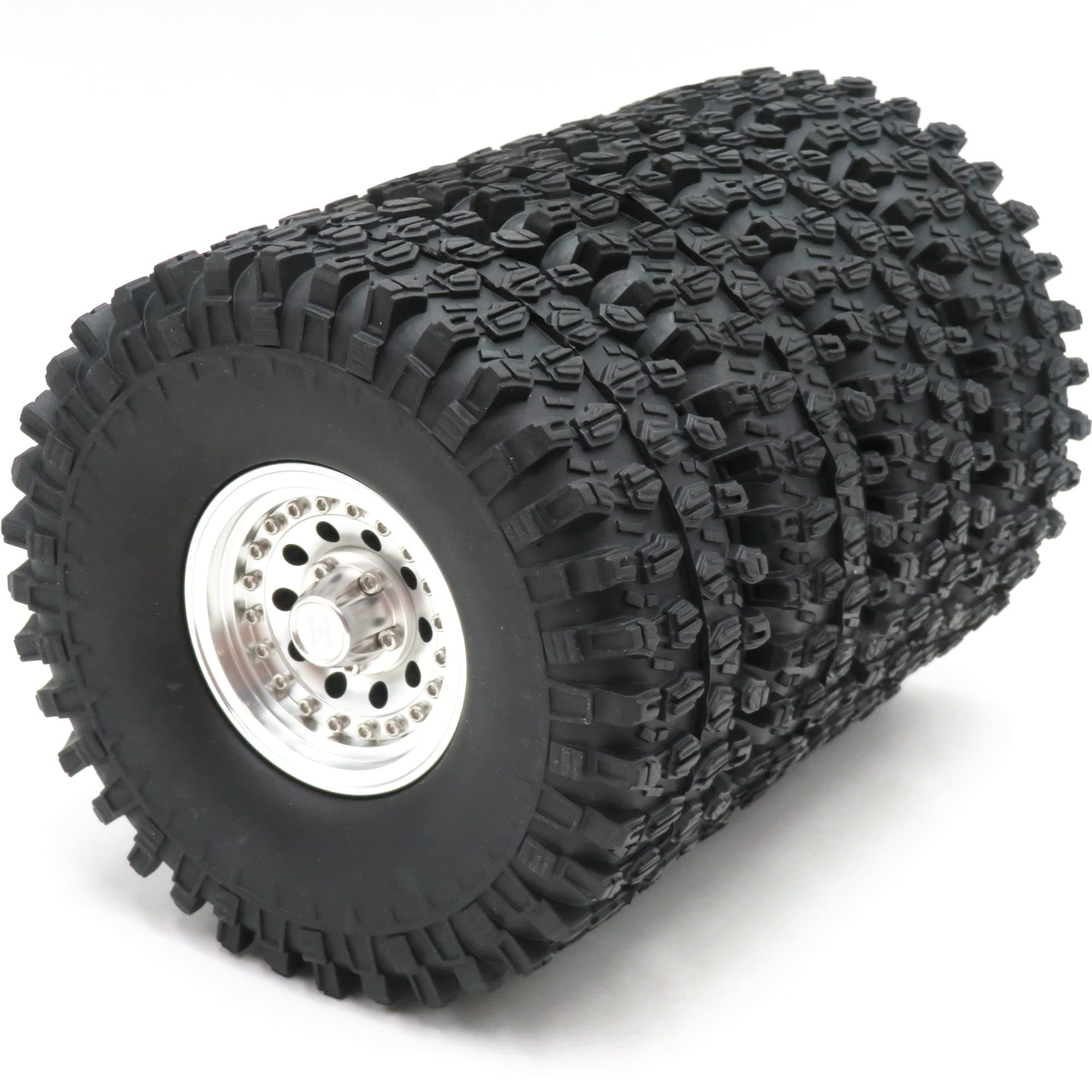 4pcs 1.9 Beadlock Wheels and Tires Height 120mm Tyre & Aluminum Rims with Heavy Metal Rings for 1/10 RC Mud Crawler Truck SCX10 TRX4 CC01, HS700651