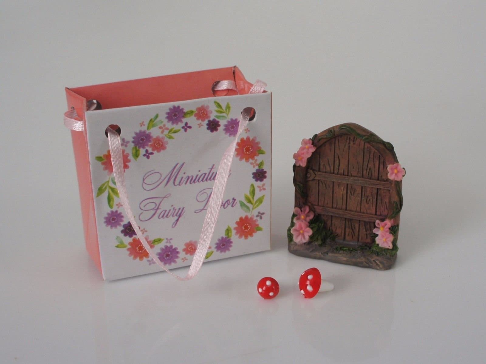 Mini Fairy Door With 2 Tiny Toadstools (Comes in its own Carrybag) For Fairy Gardens - Pink
