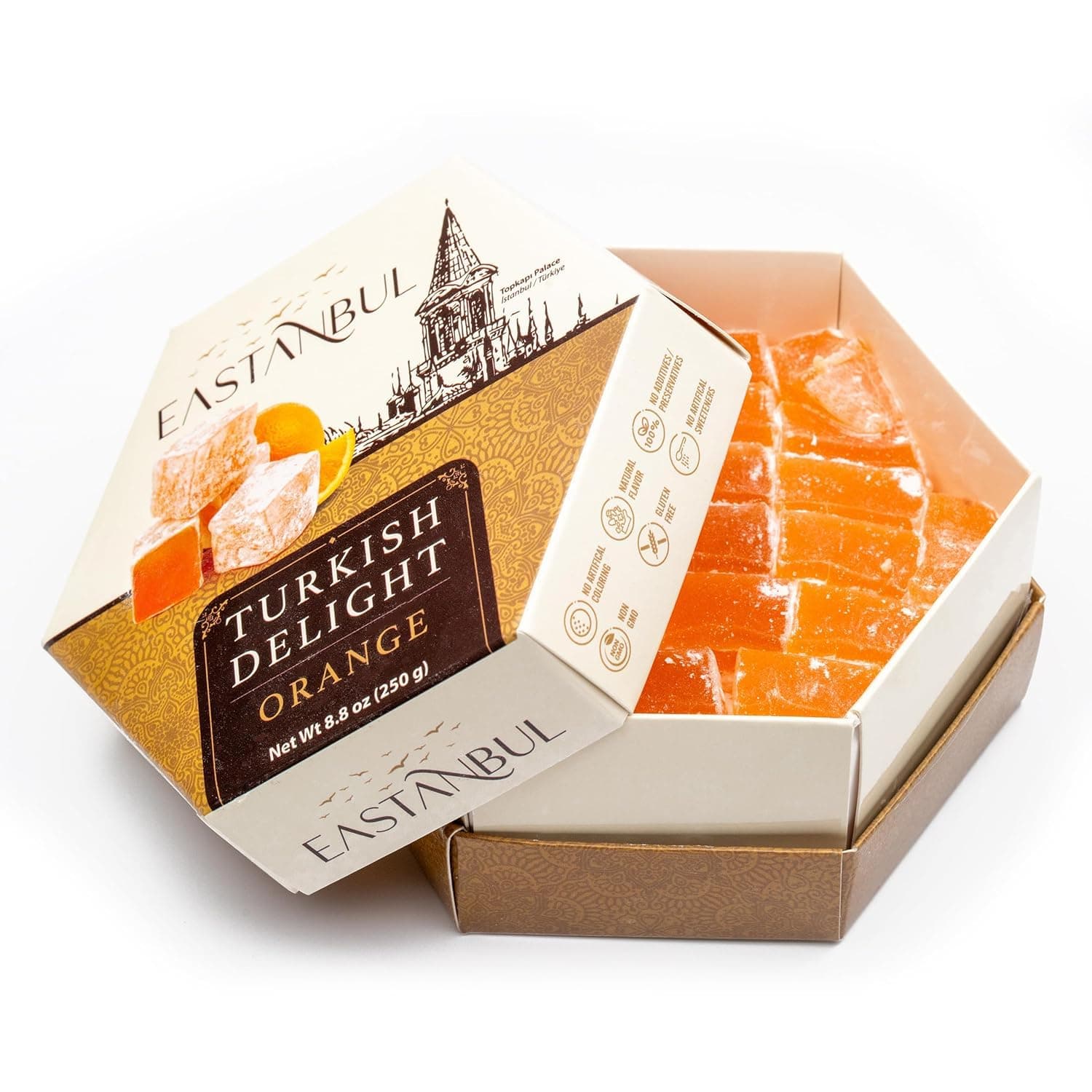 Eastanbul Turkish Delight with Orange Flavor, 250g, Turkish Delights w/Citrus Infuse, Lokum Turkish Delight, Nut-Free Turkish Delights, Turkish Delights Candy, Vegan