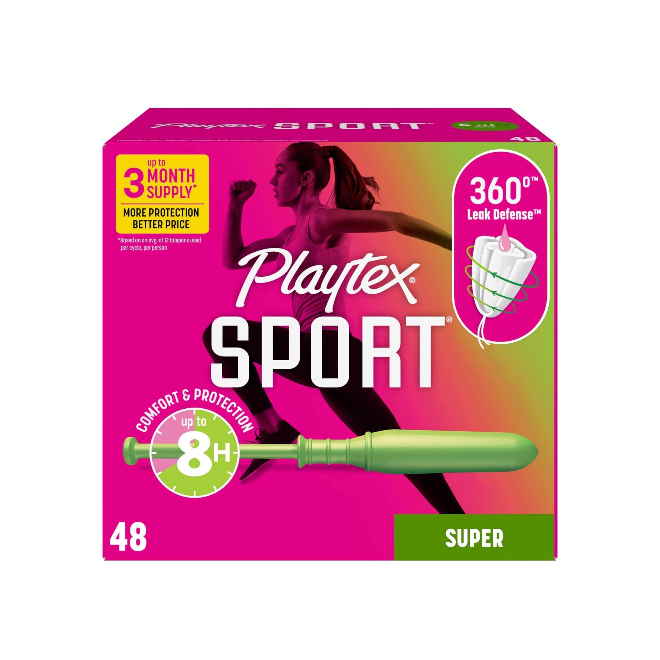 Sport Tampons Super Absorbency, Fragrance-Free - 48ct | Super Tampons for Women, Feminine Care, Playtex Tampon with 360 Leak Defense