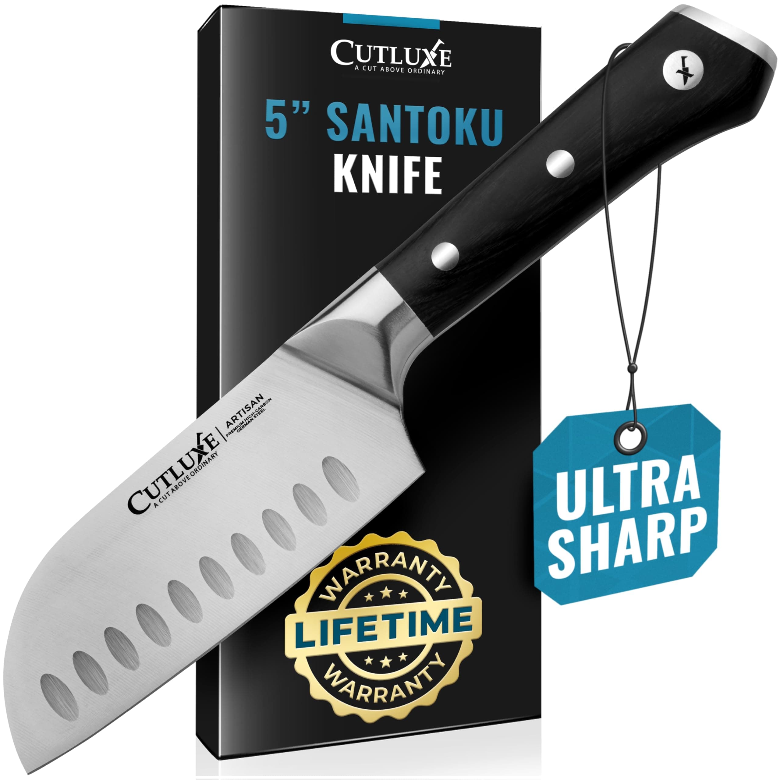 Cutluxe Santoku Knife – 5" Chopping Knife, Meat and Vegetable Knife – Forged High Carbon German Steel – Full Tang & Razor Sharp – Ergonomic Handle Design – Artisan Series
