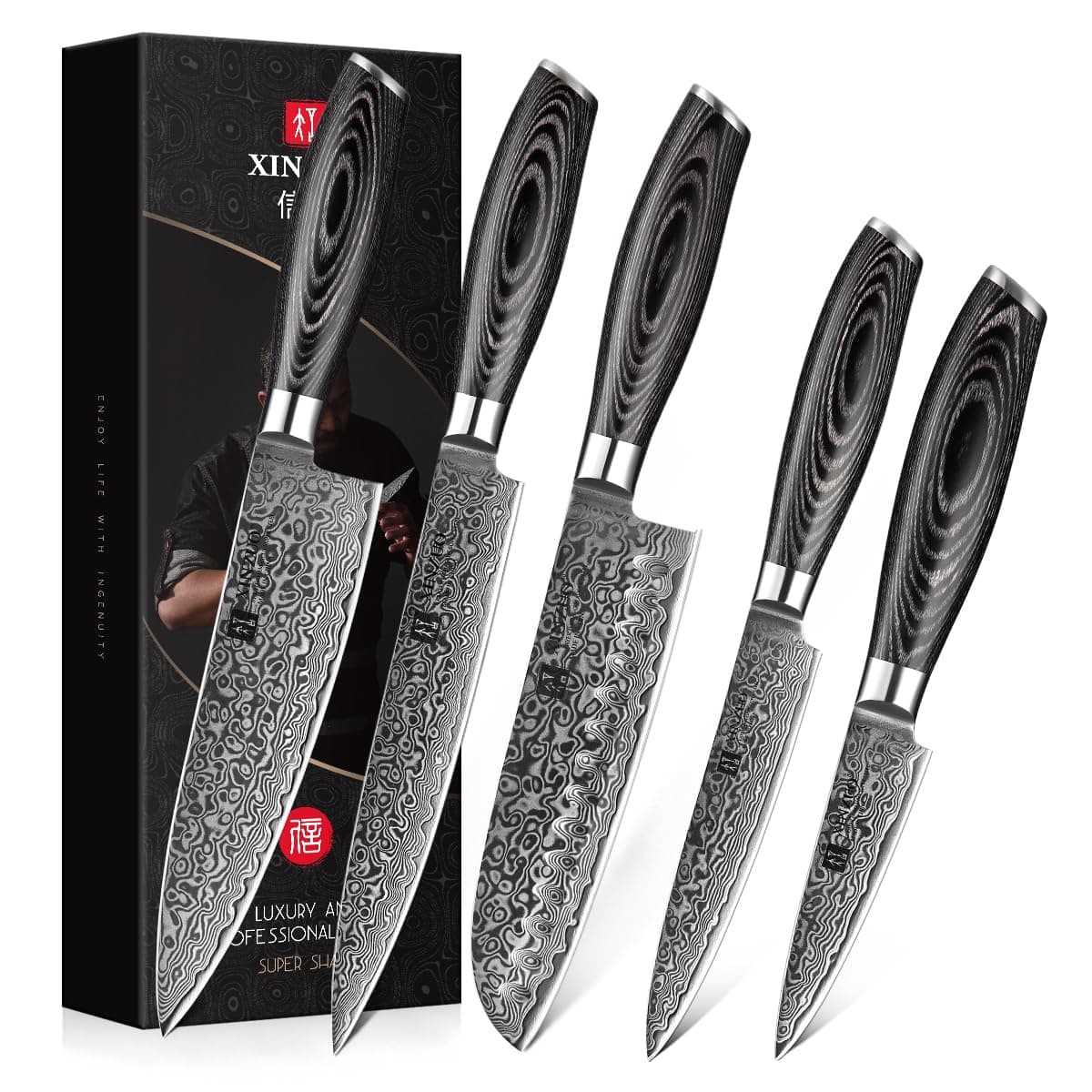 – XINZUO 5 PCS Knife Set, 67 Layers Damascus Steel, Pakka Wood Handle (B20-A5)