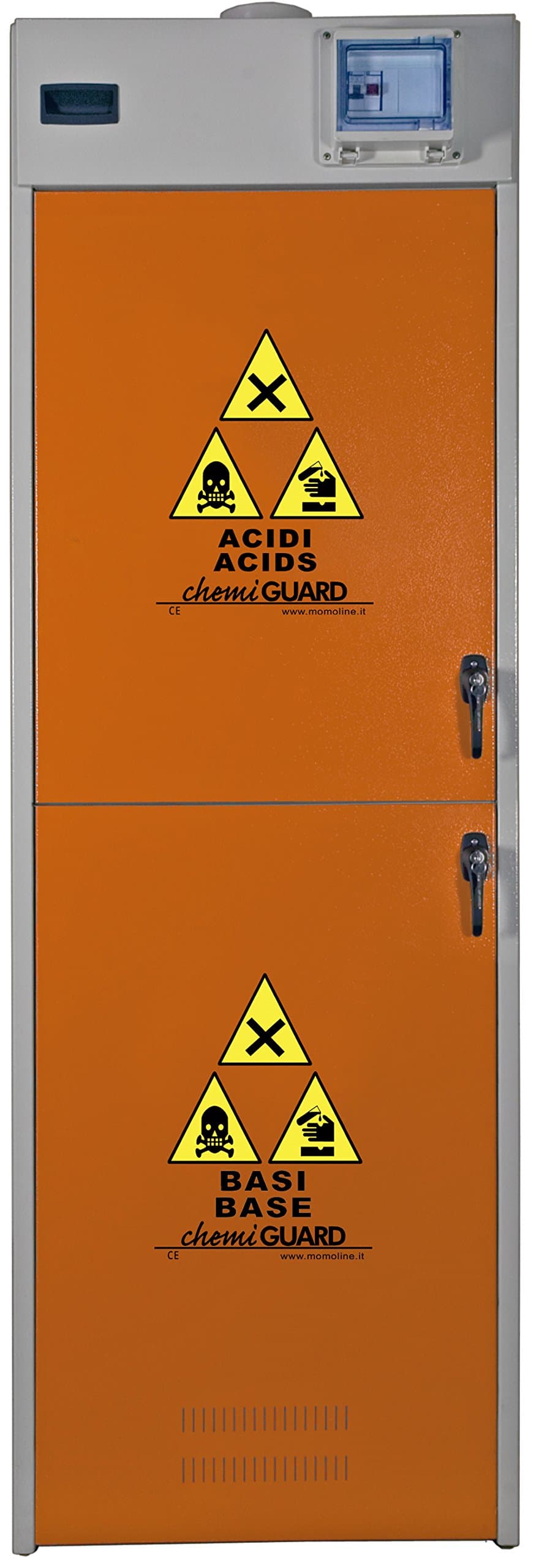 Momoline CMG-60-A+B-PLUS Chemiguard Plus Safety Cabinet for Chemicals, Double Compartment, Includes Fans, Filter Boxes, Dust Filter, Activated Carbon Filter, Orange