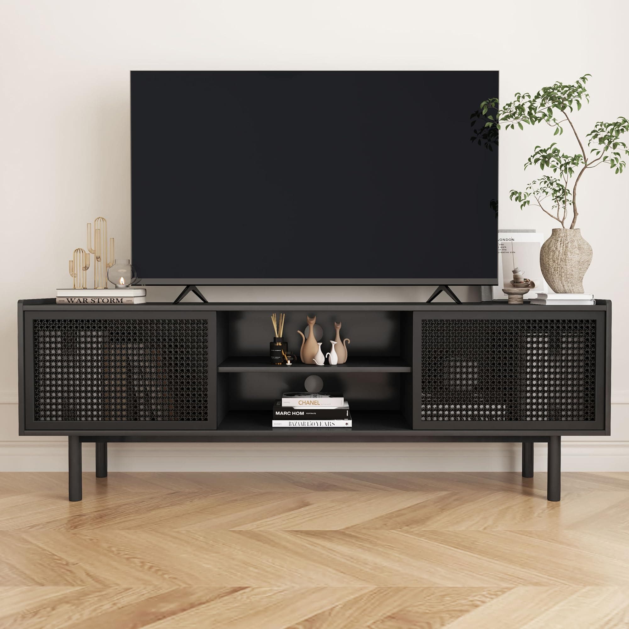 TV Stand for TVs Up to 70 Inch, Accent Iron Rattan Storage Cabinet Television Stands Entertainment Media Center Console Table with Sliding Barn Door and Adjustable Shelves for Living Room