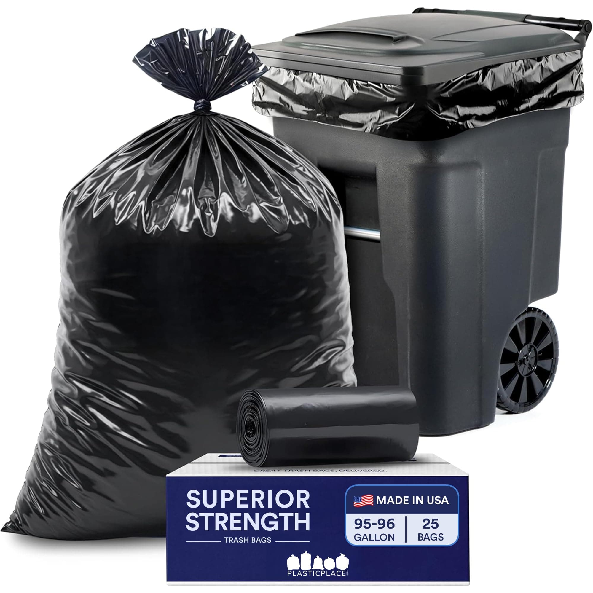 Plasticplace 95-96 gallon Garbage Can Liners │1.5 Mil │ Black Heavy Duty Trash Bags │ 61” X 68” (25Count)