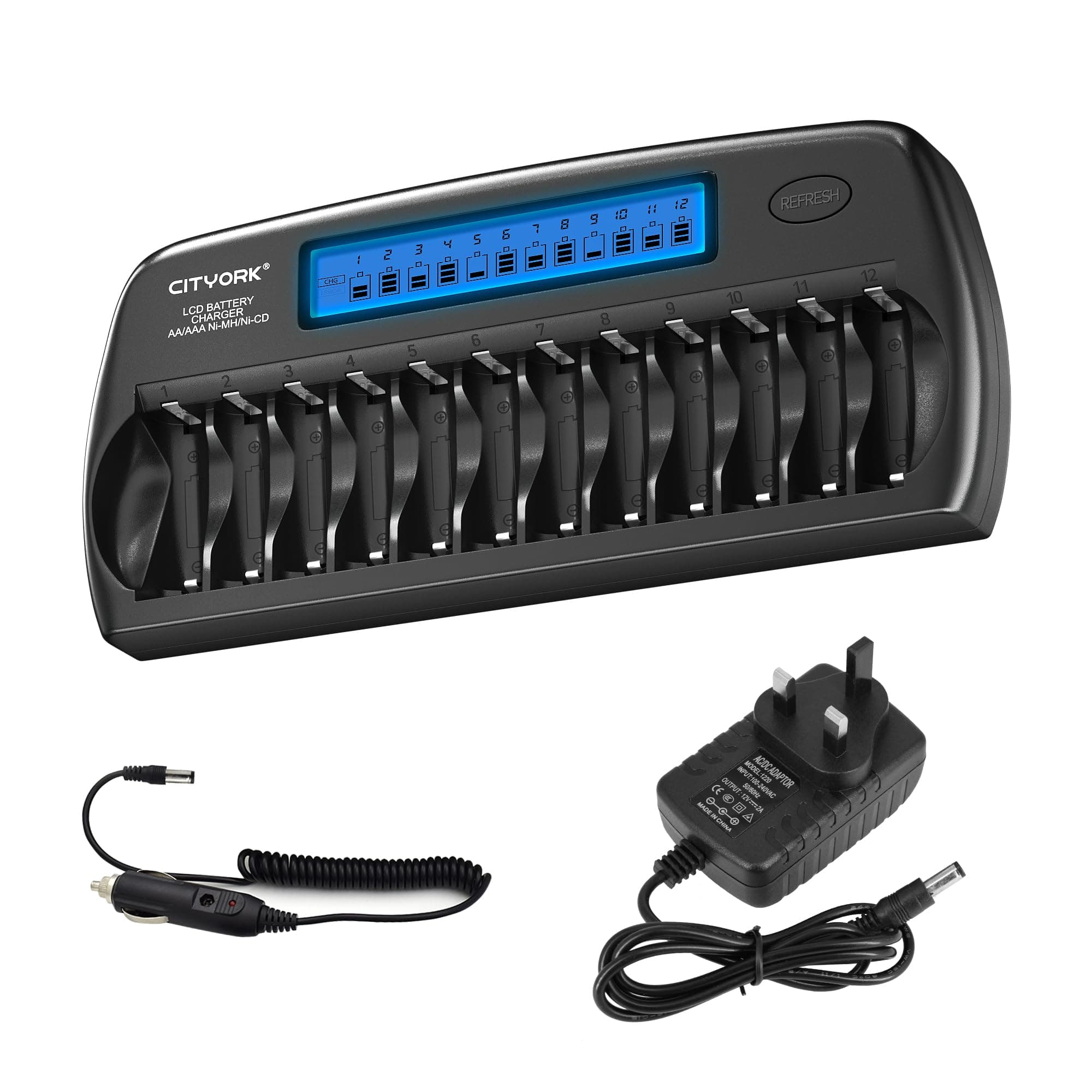 12 Bays Smart Battery Charger, AA, AAA, Ni-MH, Ni-CD Rechargeable Batteries Charger with Intelligent LCD Display
