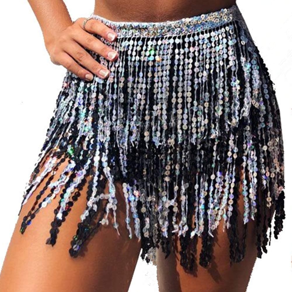 Women Boho Beach Sequin Tassel Mini Skirts Music Festival Party Club Hip Scarf Belt Wrap Skirt