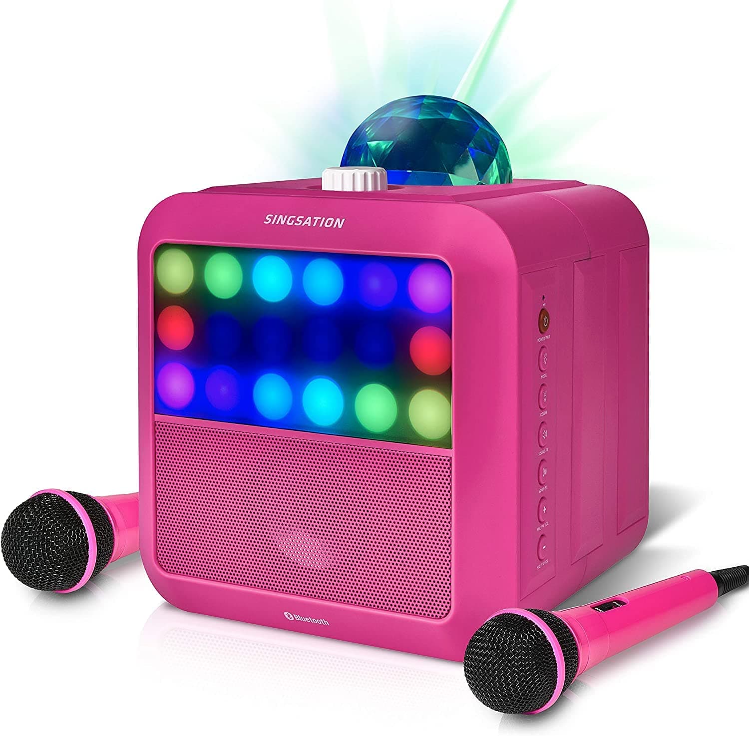 Singsation Star Burst Portable Karaoke Machine, Bluetooth, Room-Filling Light Show with 10 Light Functions, 6 Amazing Sound Effects, 2 Microphones Included for Duets, Pink
