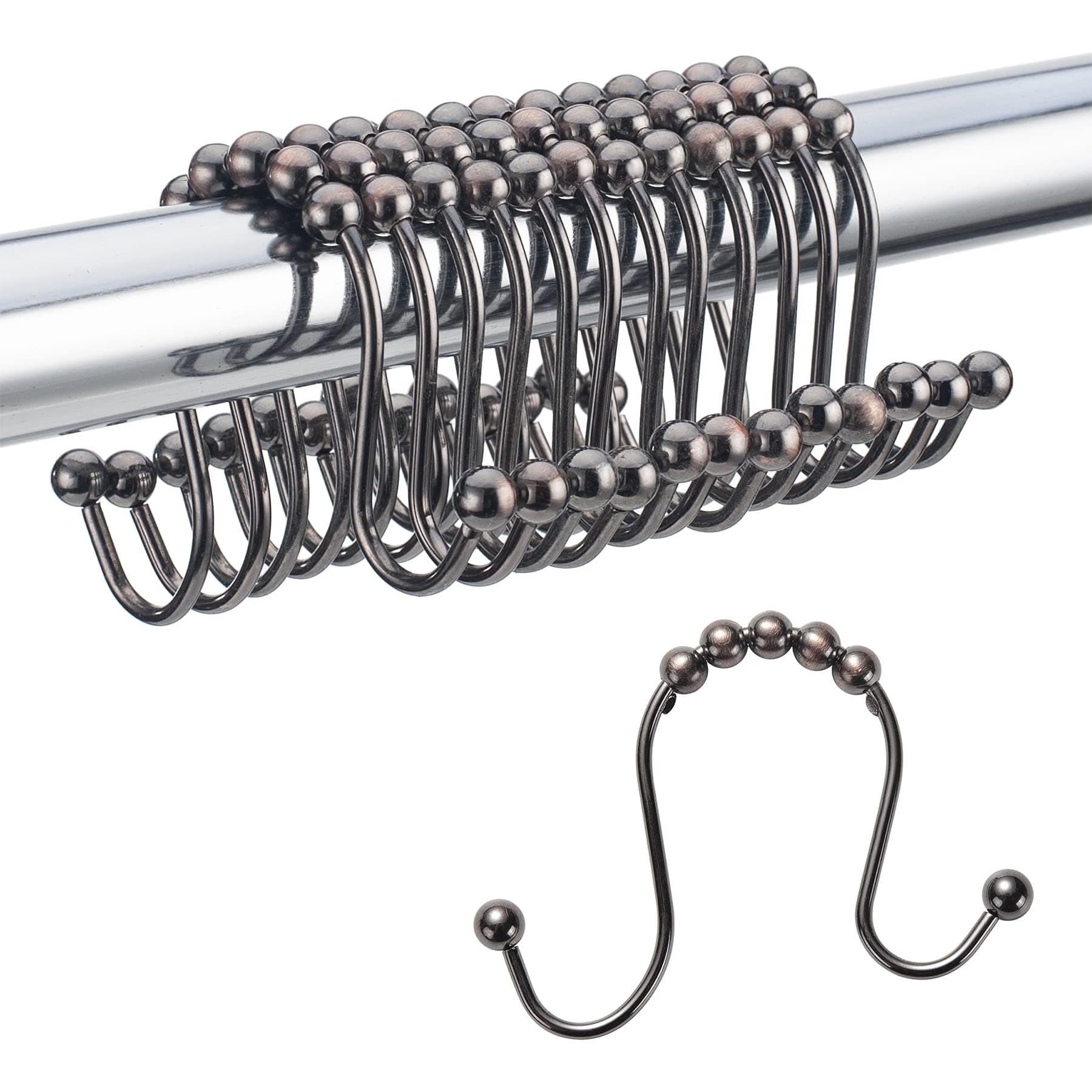 Amazer Shower Curtain Hooks Double Shower Curtain Rings Stainless Steel Rust-Resistant Double Glide Shower Hook Rings for Bathroom Shower Rod Curtains, Set of 12, Bronze- Close to The Gunmetal Color