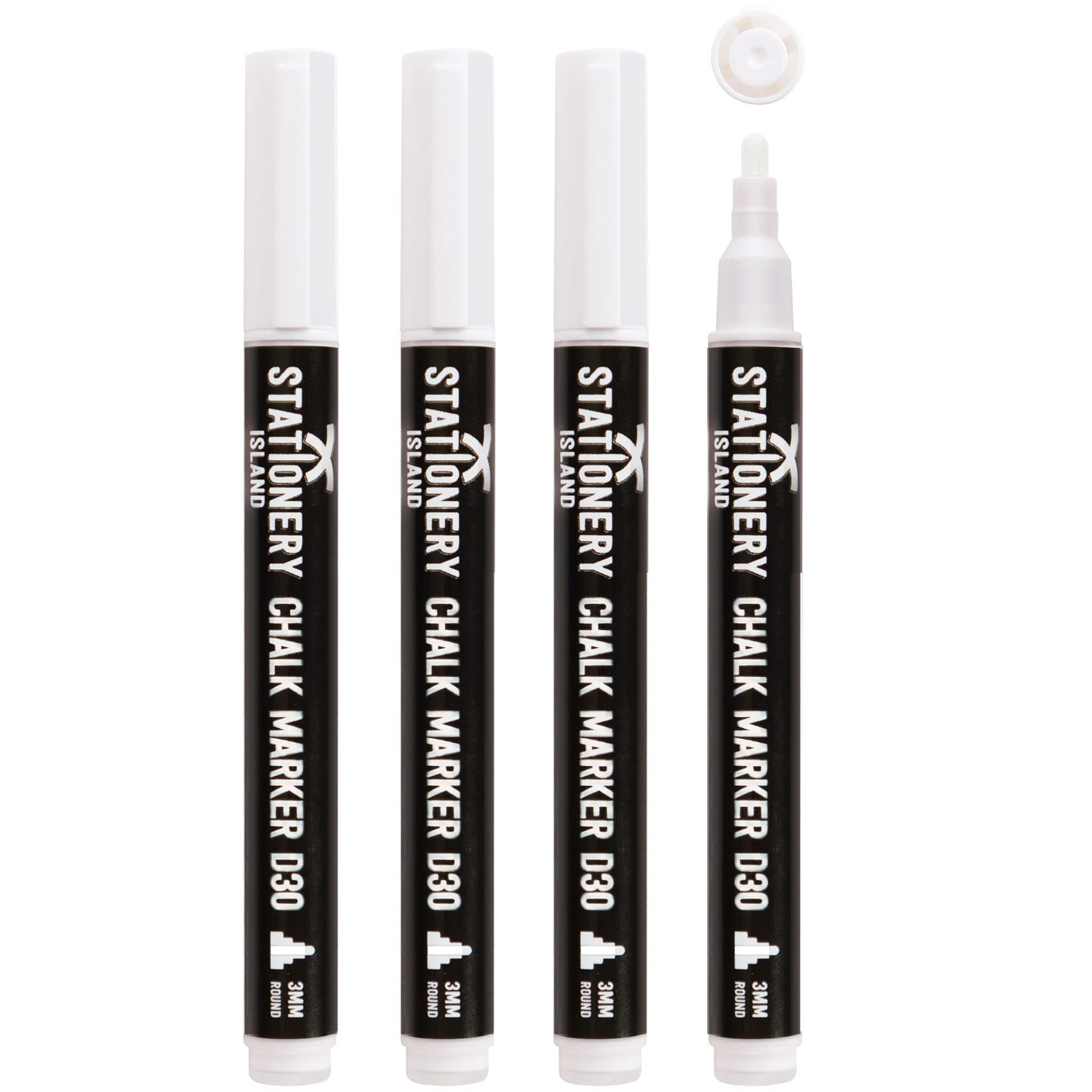 Stationery Island Liquid Chalk Pens White Markers for Blackboards Dry Erase Chalk Marker Pens Wipeable for Chalkboard, Window, Glass, Signs and Mirrors - 3mm Fine Bullet Nibs (White Pack of 4)
