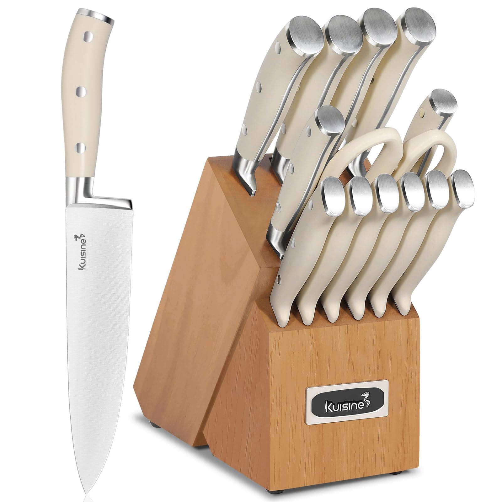 Kuisine Kitchen Chef Knife Block Set,High Carbon Stainless Steel Razor-Sharp Blade Ergonomic Handle,Sharp Knife Set with Built-in Sharpener,Elegant Gift(Irovy-Acacia,15pcs)