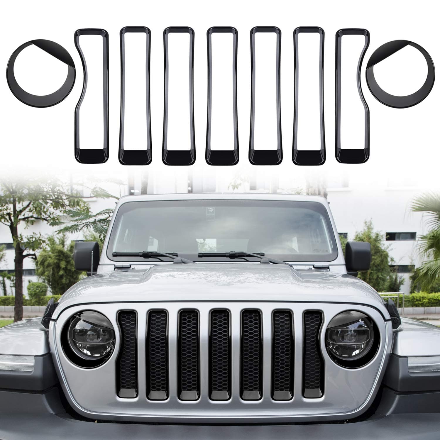 Danti Mesh Grille Grill Insert+Headlight Turn Light Cover Trim for for 2018 2019 Jeep Wrangler JL Sport/Sports (9 pcs/Set)