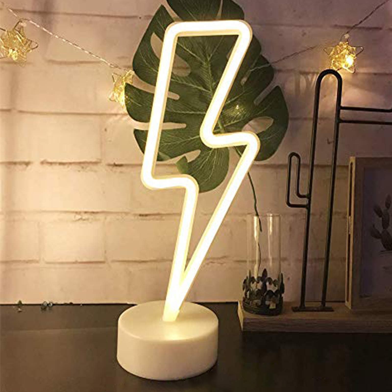 Warm White Lightning LED Neon Light Sign Lamp Room Decor Battery/USB Operation Night Light with Base for Bedroom Bar Party Christmas