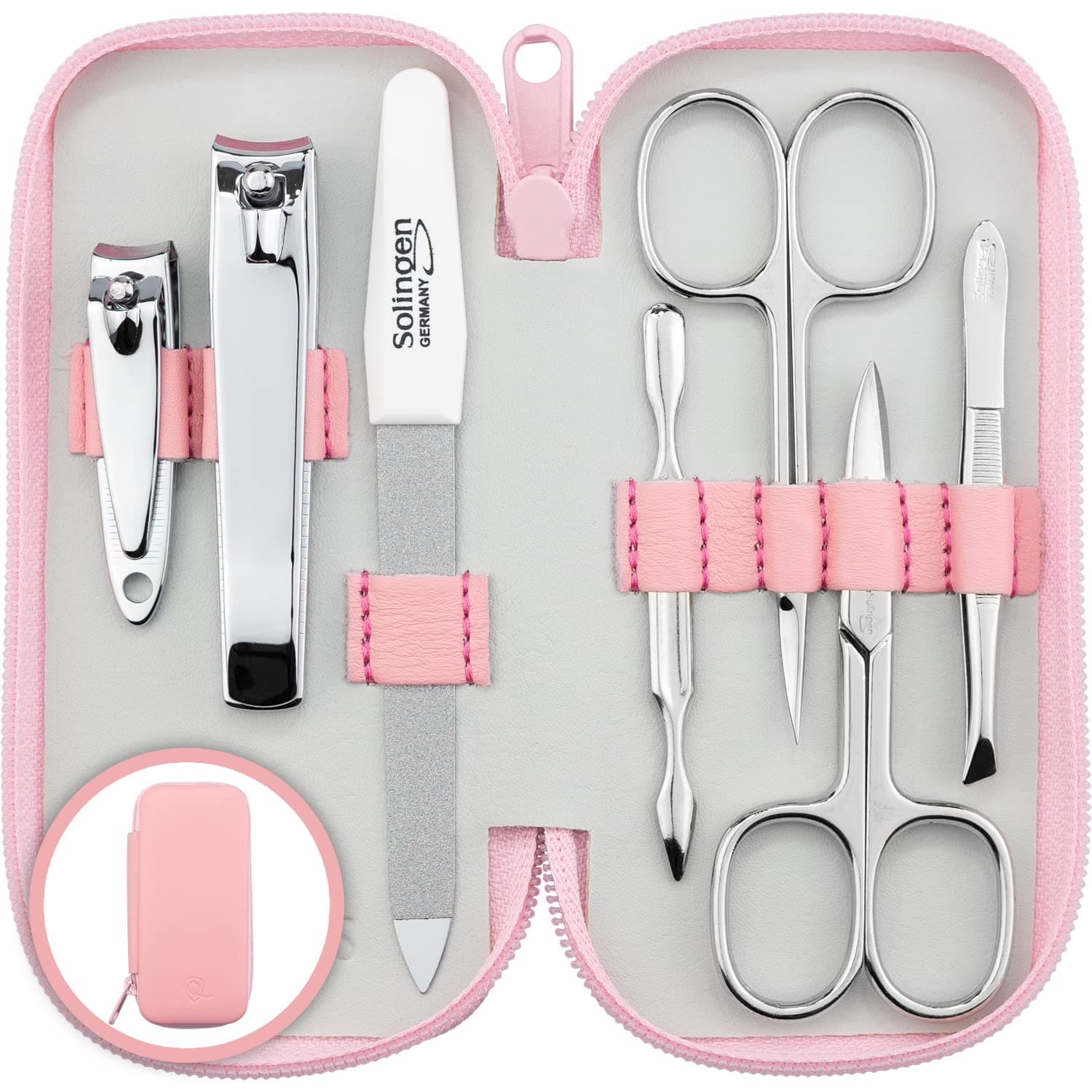 Solingen Manicure Set for Women & Men - Comparison Winner with Top Price/Performance Ratio - Handy and Soft Case - 7-Piece Grooming Kit, Rosa
