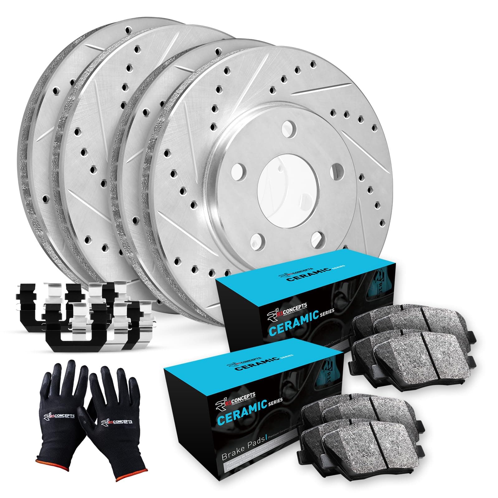 R1 Concepts Front and Rear Brake Kit For 2013-2022 Nissan Altima| Drilled Slotted Brake Rotors| Ceramic Brake Pads and Rotors Kit| Hardware included
