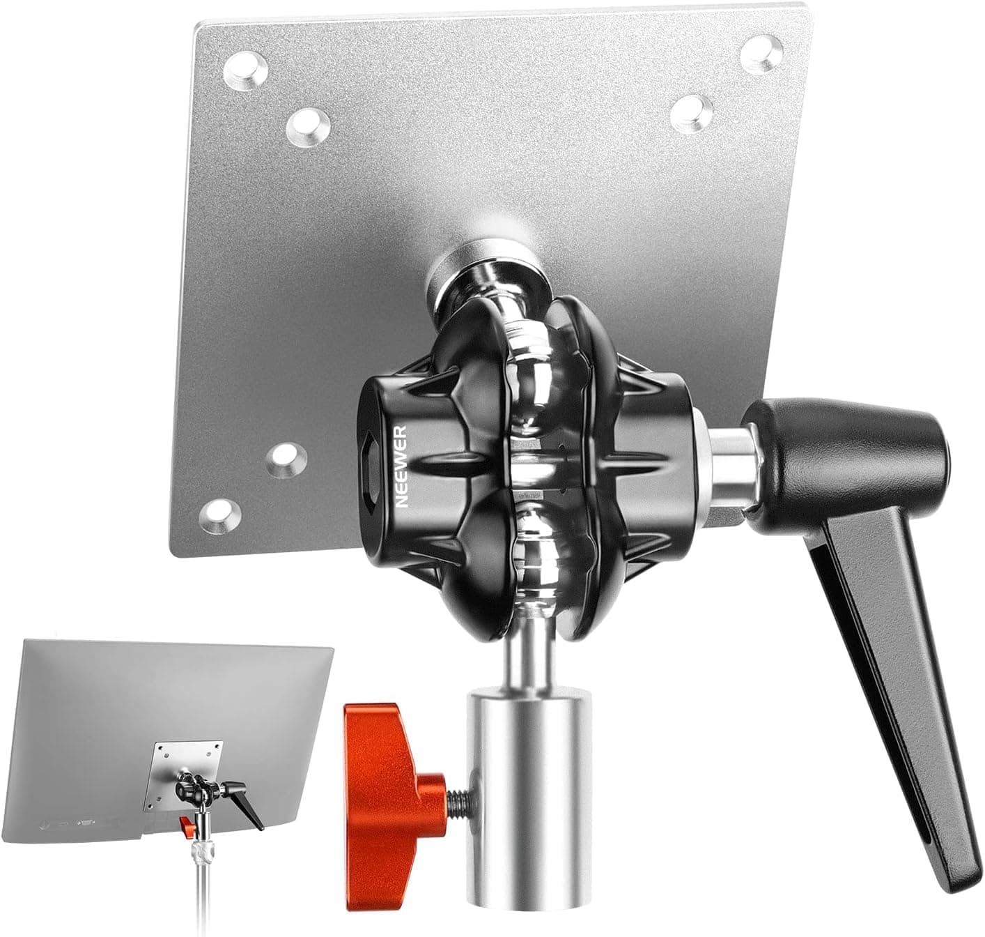 NEEWER Monitor Mount Adapter with VESA Mount, Aluminum Alloy Light Stand Adapter Dual 360° Ball Joint M4 Screw & 5/8" Receiver for Impact Screen Outdoor TV Stand, Max Load 14lb/6.3kg, MA001