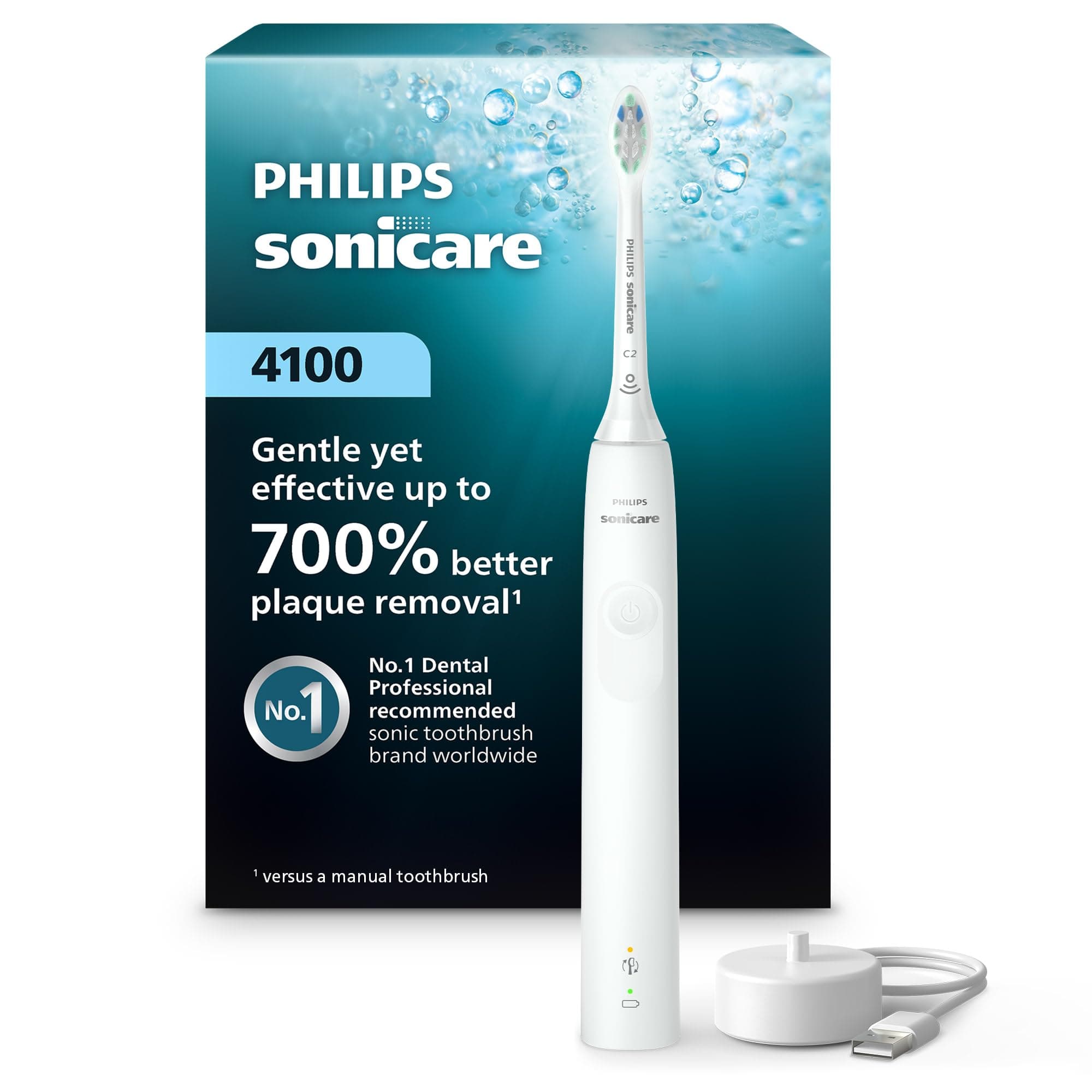 4100 Power Toothbrush, Rechargeable Electric Toothbrush with Pressure Sensor, White HX3681/23