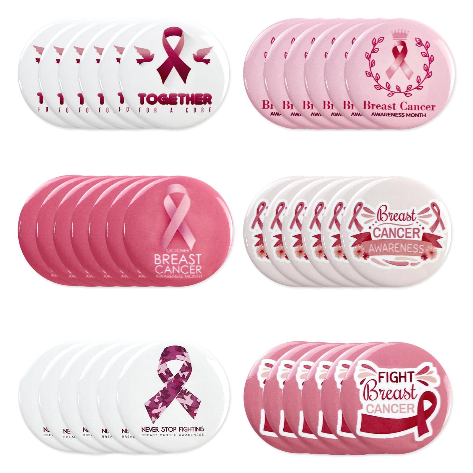 CODOHI36 Pcs Breast Cancer Awareness Button Pins Round Badge Pins, Hope Support Faith Pink Ribbon Breast Cancer Brooch Lapel Pins for Girls Women 6 Designs