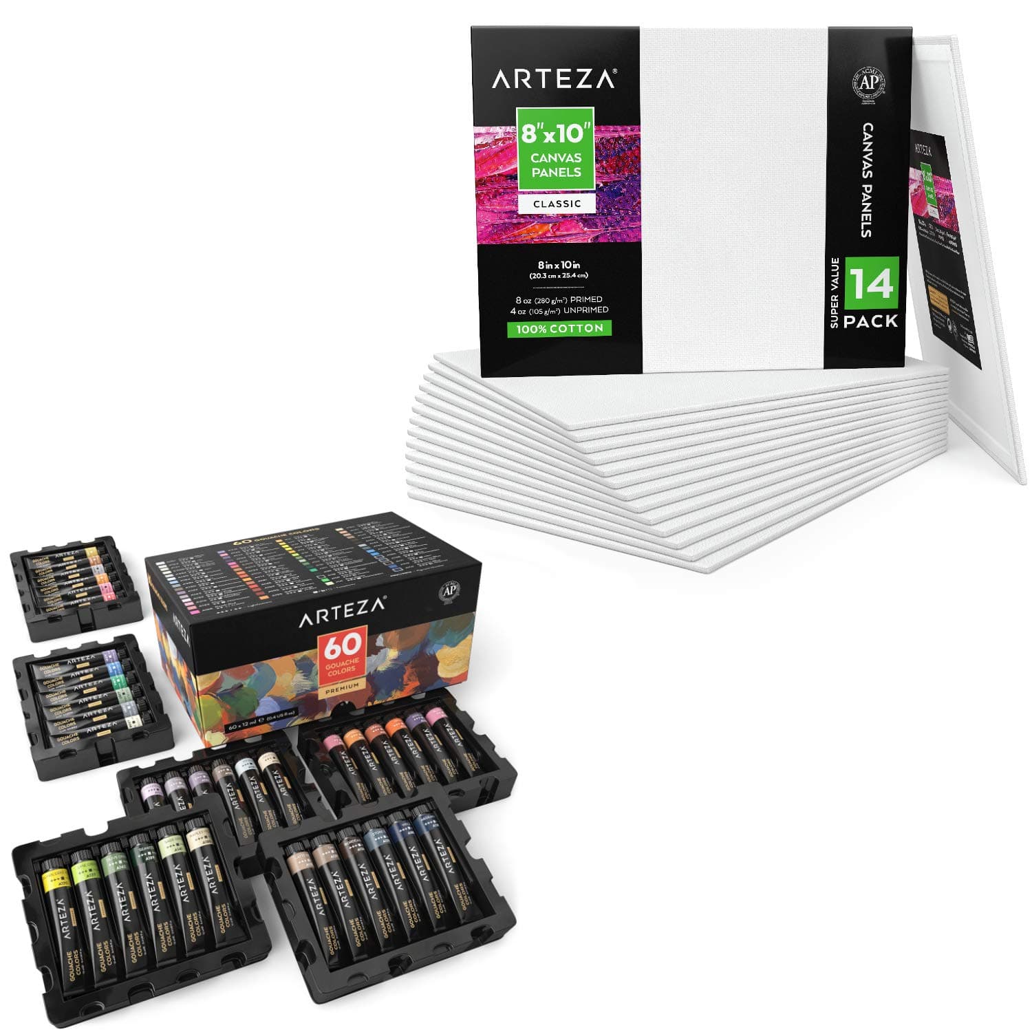 ARTEZA Gouache Paint and Canvas Bundle, Painting Art Supplies for Artist, Hobby Painters & Beginners