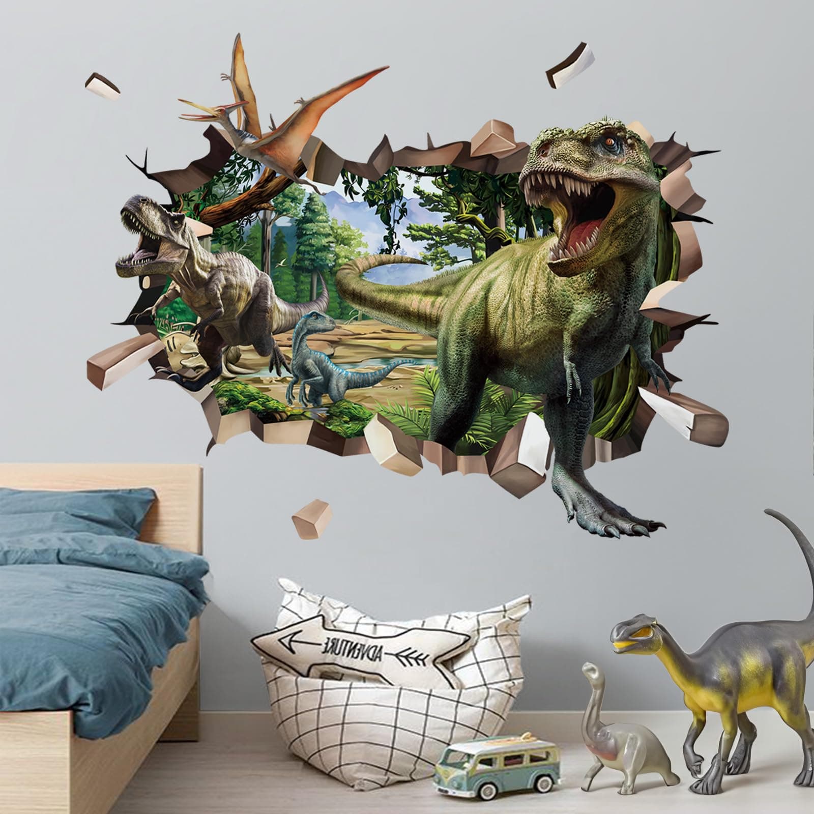 decalmile 3D Dinosaur Wall Decals Break Through Large Dino Jungle Dinosaur Wall Stickers Baby Boy Kid Bedroom Playroom Wall Decor